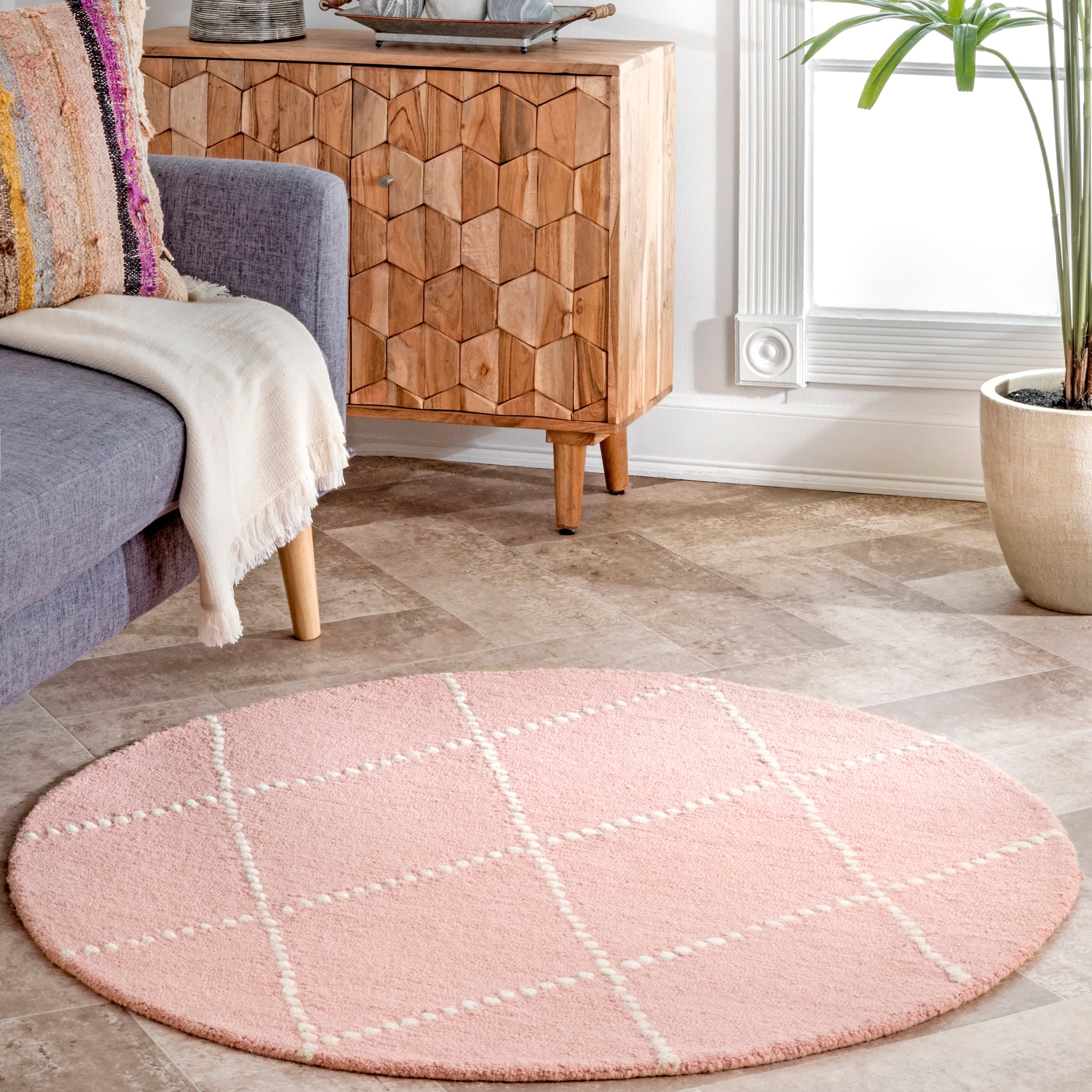 Dotted Diamond Trellis Nursery Rug - Soft Baby Pink Playmat for Kids Room Decor | Perfect for Playtime, Nursery Floor & Toddler Safe Crawling Space