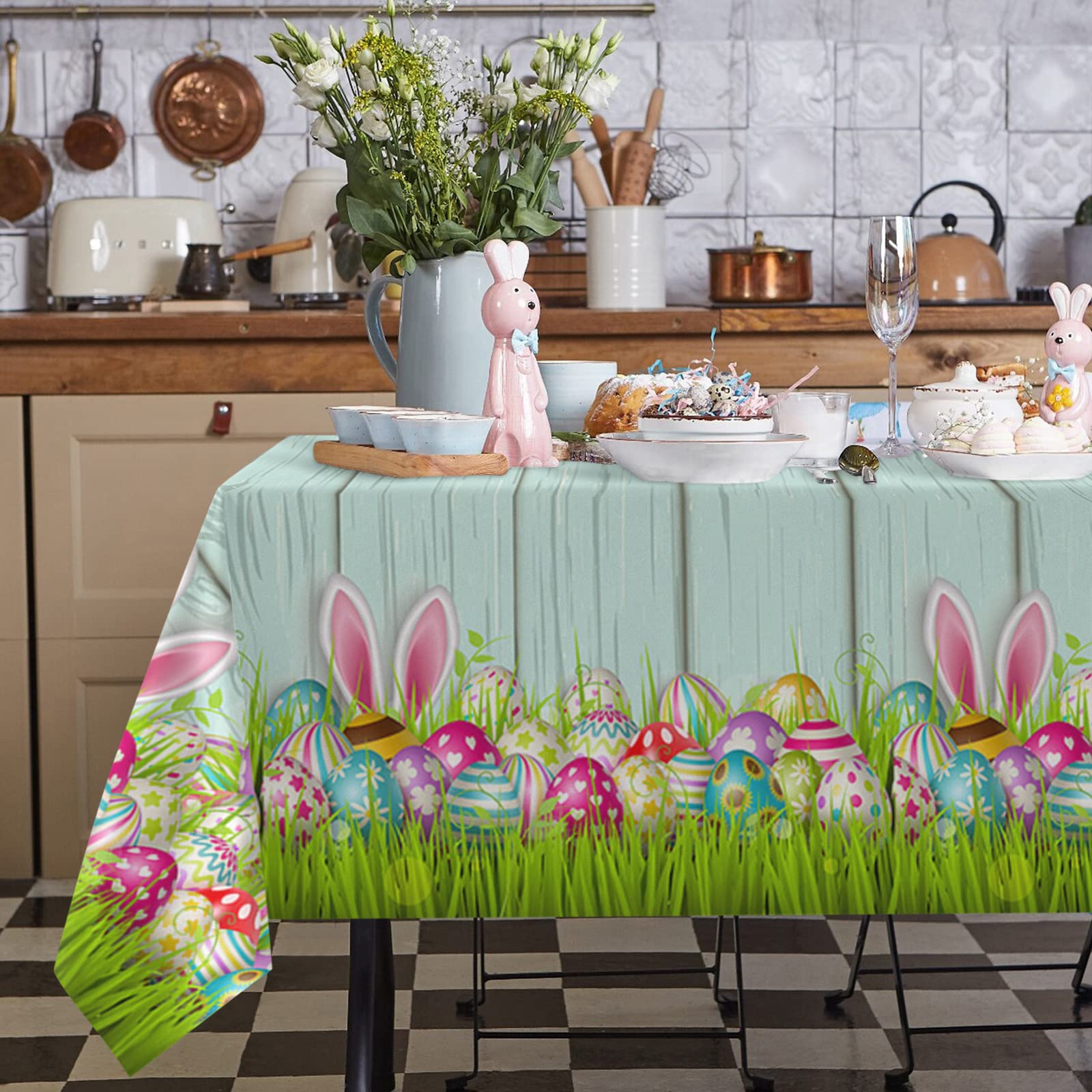 Easter Tablecloth Waterproof - 52x70 Inch Rectangle Easter Bunny & Eggs Design Rustic Wood Spring Table Cover for Kitchen, Party, Outdoor Dining Decor - Perfect for Easter Celebrations, Spring Gatherings & Home Decor