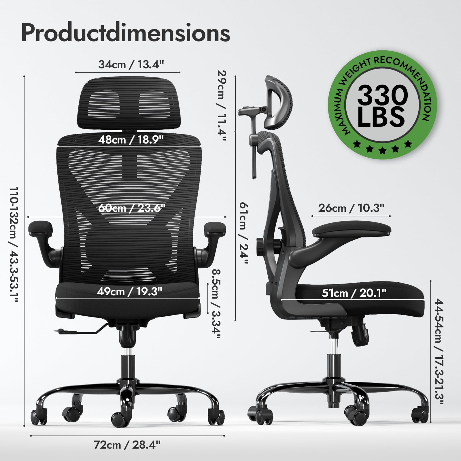 Ergonomic Office Chair with Lumbar Support & Headrest - Adjustable X-Shaped Computer Desk Chair for Home Office, Gaming & Work - Breathable Mesh Back, Comfortable Seat (Black) - Perfect for Long Hours Sitting, Online Meetings & PC Gaming