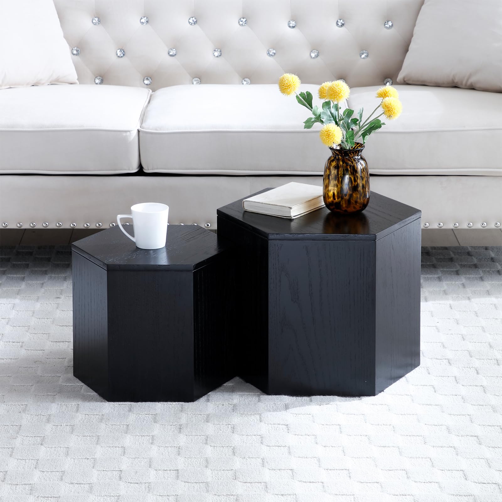 Hexagonal Nesting Coffee Table Set of 2 - Black Wooden Side Tables for Small Spaces | Modern Living Room Furniture for Apartments & Cozy Homes
