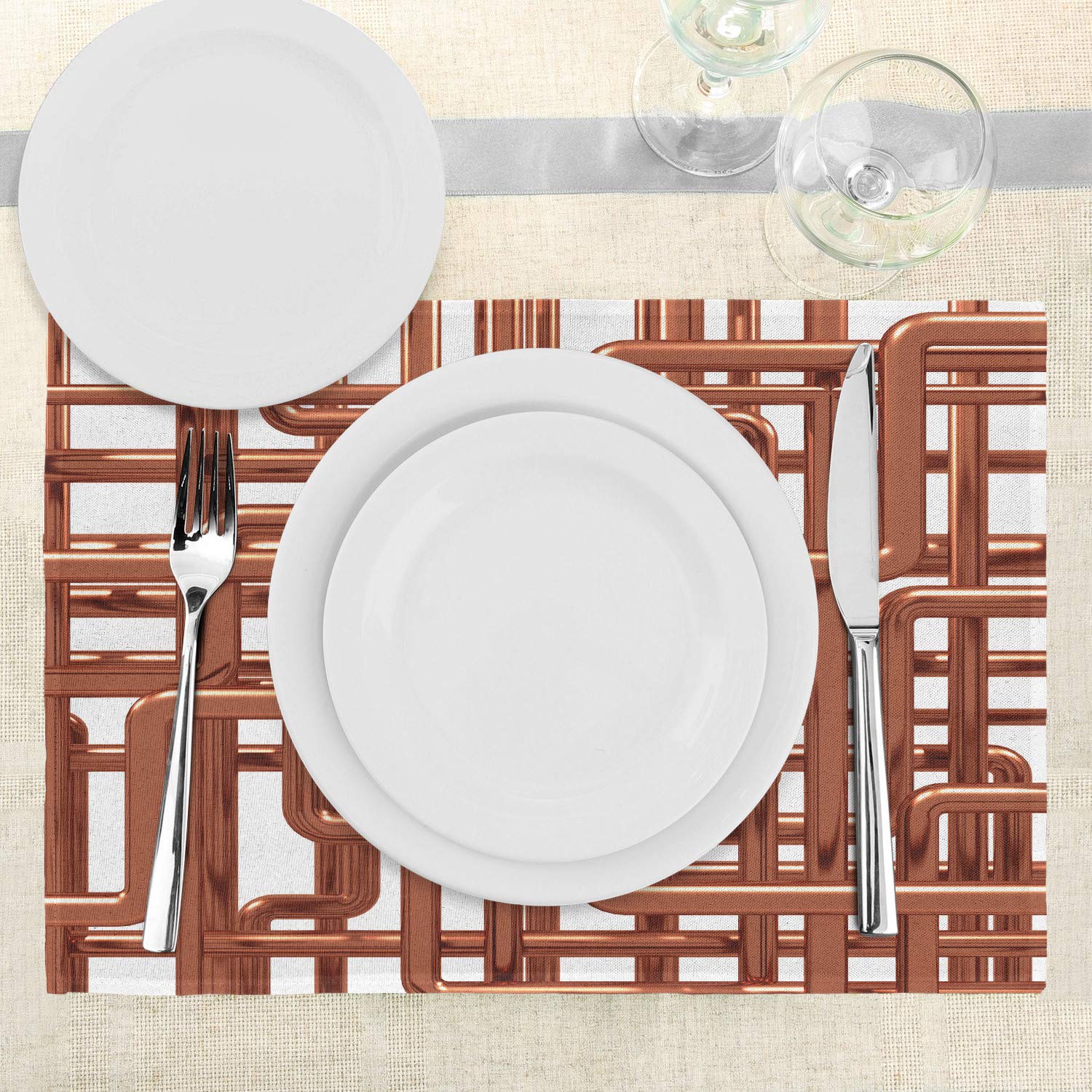 Ambesonne Industrial Placemats Set of 4 - Knot Complex Design with Entangled Lines, Hardware Industry Art, Washable Fabric Dining Table Mats, Standard Size (12x18 Inches), Umber White - Perfect for Modern Kitchens, Restaurants & Industrial-Themed Decor