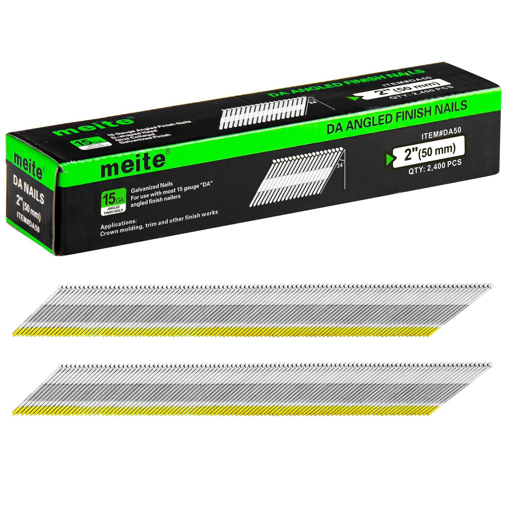 Meite 2 Inch DA Style Nails (2,400 Counts) - 15 Gauge 34-Degree Angled Finish Nails Galvanized - Ideal for Moldings, Trimming, Finish Works & DIY Projects - Perfect for Crown Molding, Baseboards & Furniture Assembly
