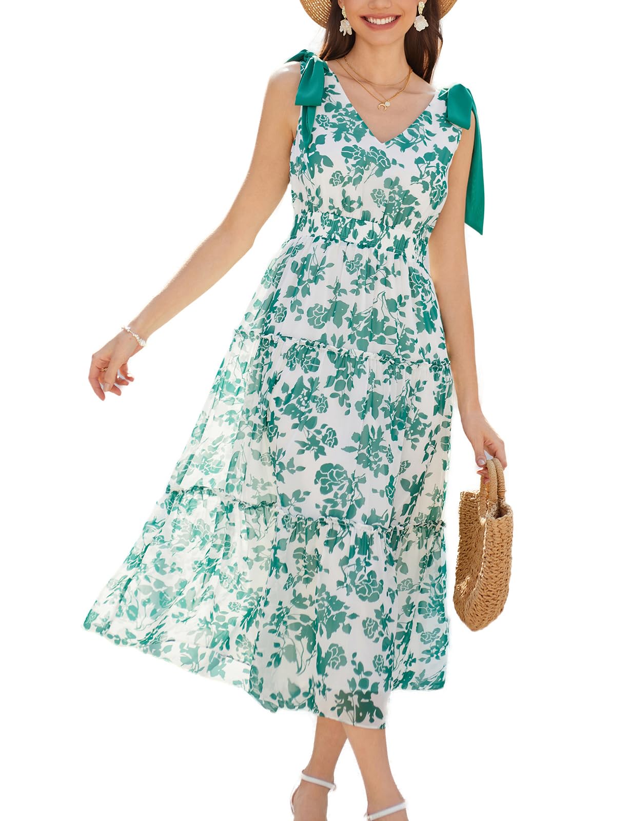 GRACE KARIN Women's Floral Summer Dress - Casual Long V-Neck Sleeveless Sundress with Tiered Ruffle & Bow Detail | Perfect for Beach Wedding Guest, Vacation & Outdoor Parties