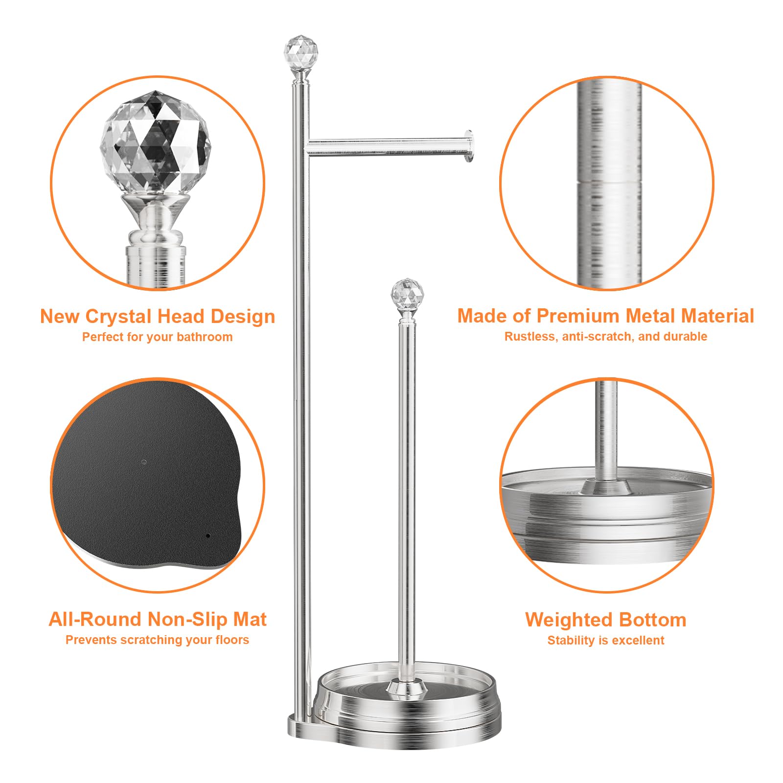 Heavy Weighted Metal Free Standing Toilet Paper Holder with Crystal Ball - Bathroom Tissue Roll Stand for Home, Office, or Guest Room - Durable & Stylish Bathroom Accessories for Modern Decor
