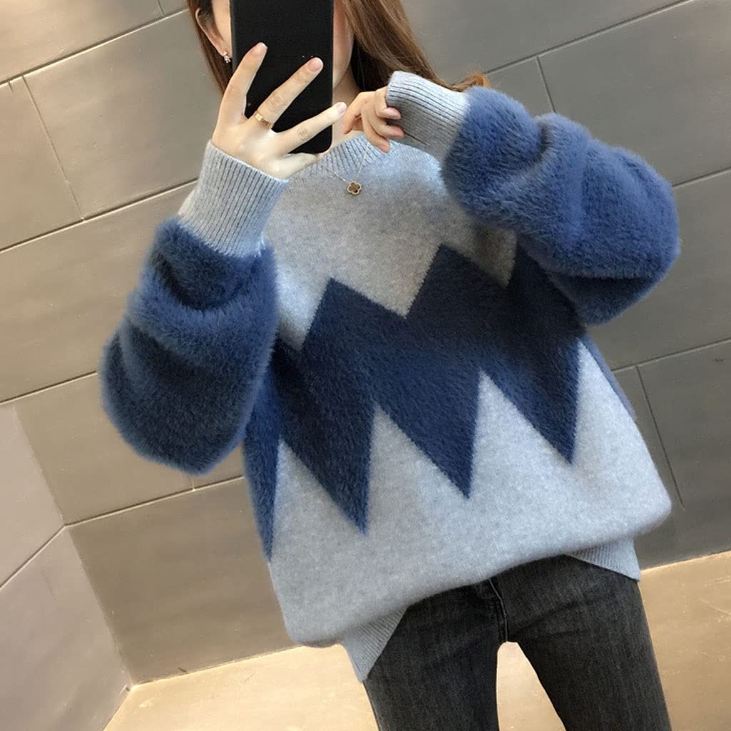 EEKLSJ Women's Loose Knit Sweater - XL Blue Cozy Pullover for Autumn & Winter | Casual Wear, Office Outfits, Weekend Layering