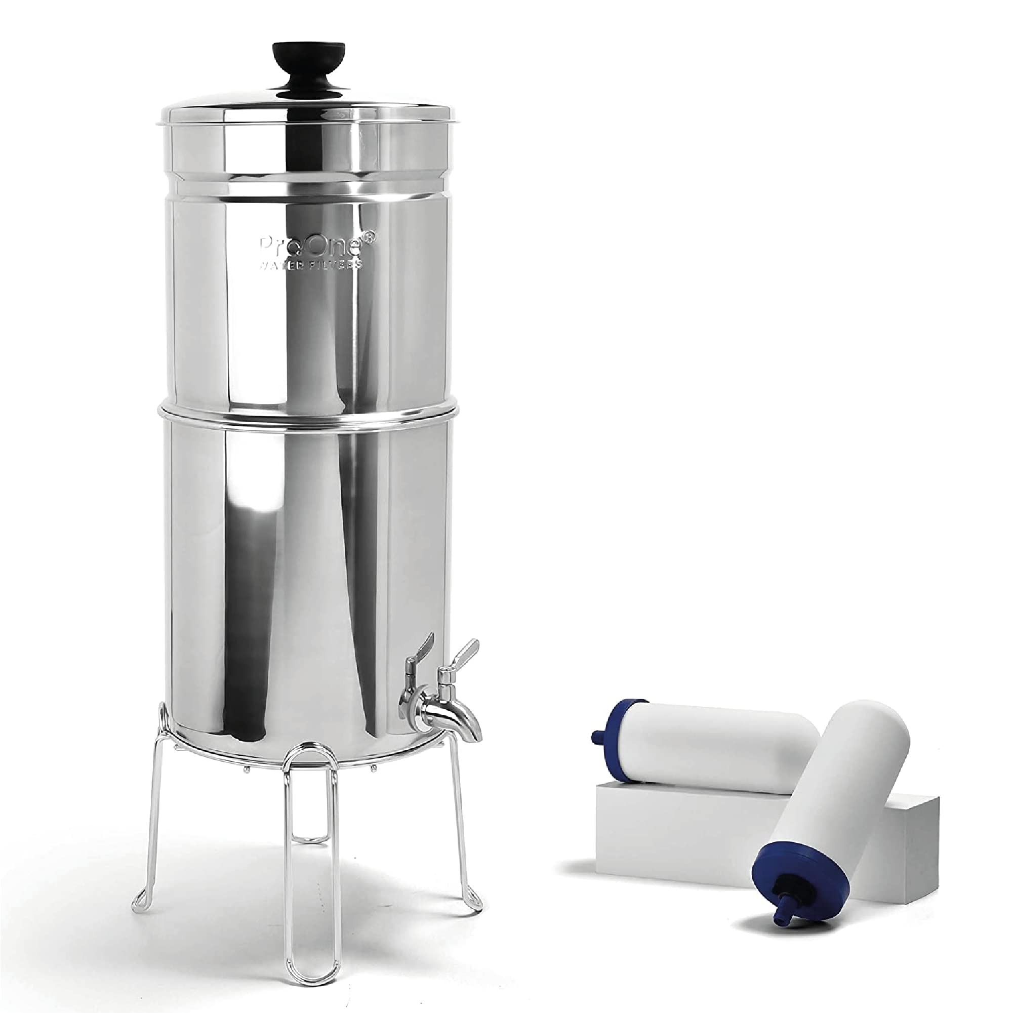 ProOne Traveler+ Stainless Steel Gravity Water Filter System - 2.25 Gallon Countertop Water Dispenser with 2 Filters & Wire Stand | Home, Camping, Emergency Preparedness & Outdoor Adventures