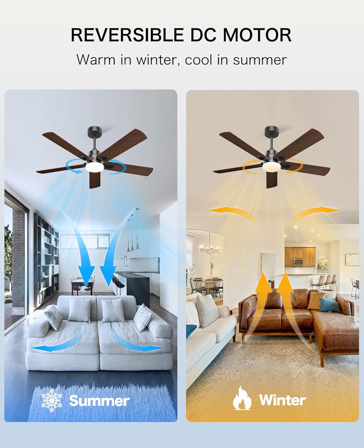 Hykoont 48''/60''/72'' Black Walnut Ceiling Fan with LED Light, 3 CCT Color Temperatures, Remote Control - Perfect for Living Room, Bedroom, and Outdoor Covered Patio