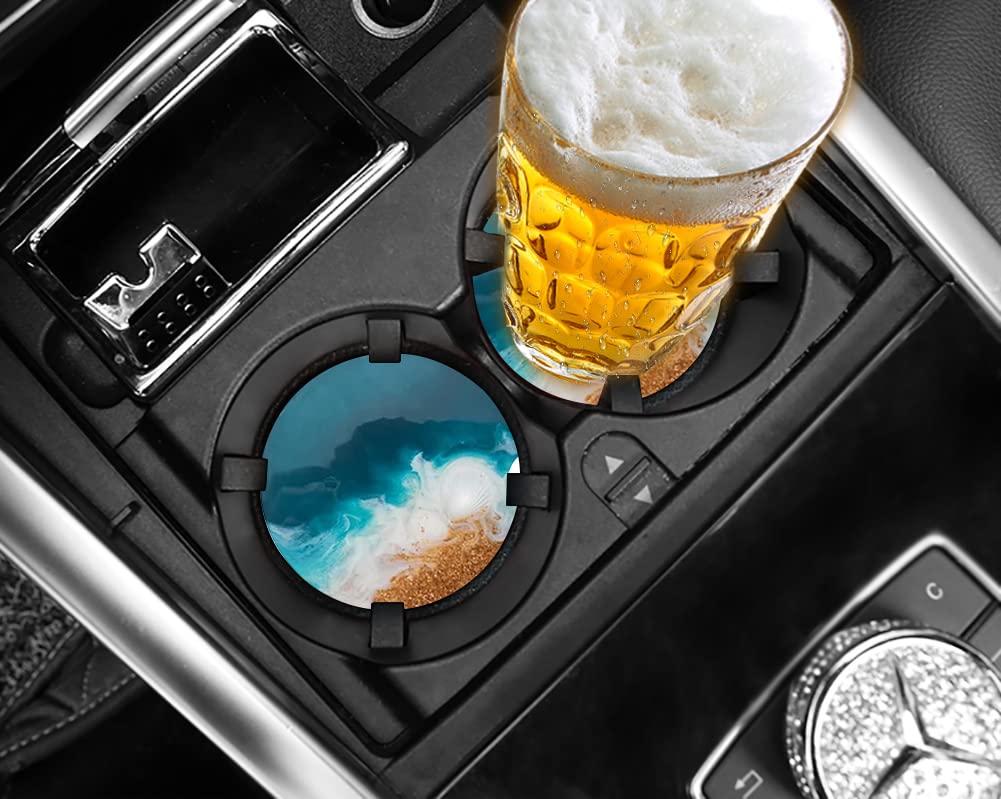 Premium Car Cup Holder Coasters Set of 2 - Absorbent Ceramic Drink Coasters for Auto Accessories | Non-Slip & Stylish Blue Ocean Design | Perfect Gift for Men & Women | Ideal for Road Trips, Commuting & Daily Driving