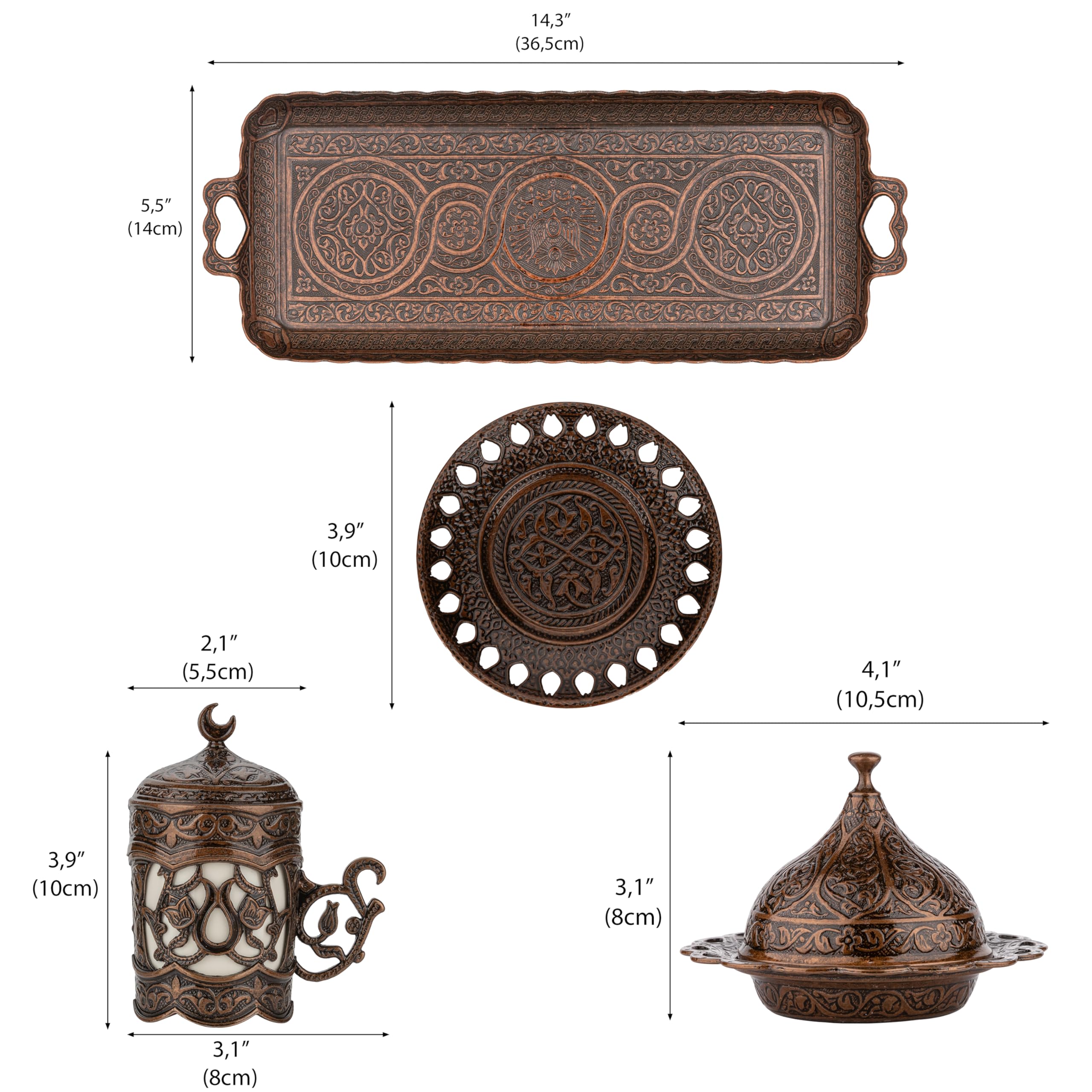 Premium Ottoman Turkish Greek Arabic Espresso Coffee Cups with Saucer & Lid - 2-Piece Set, Hilal Design, Copper Finish - Perfect for Turkish Coffee, Home Decor & Gift Giving