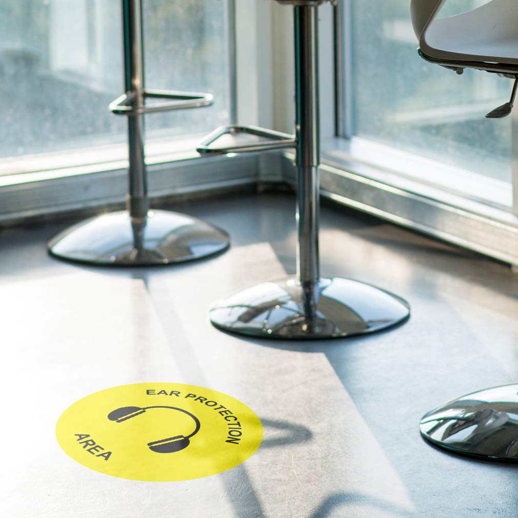 36-Inch Yellow Anti-Slip Round Floor Decals for Ear Protection - Industrial & Craft Safety Signs - Perfect for Warehouses, Factories, and Workshops