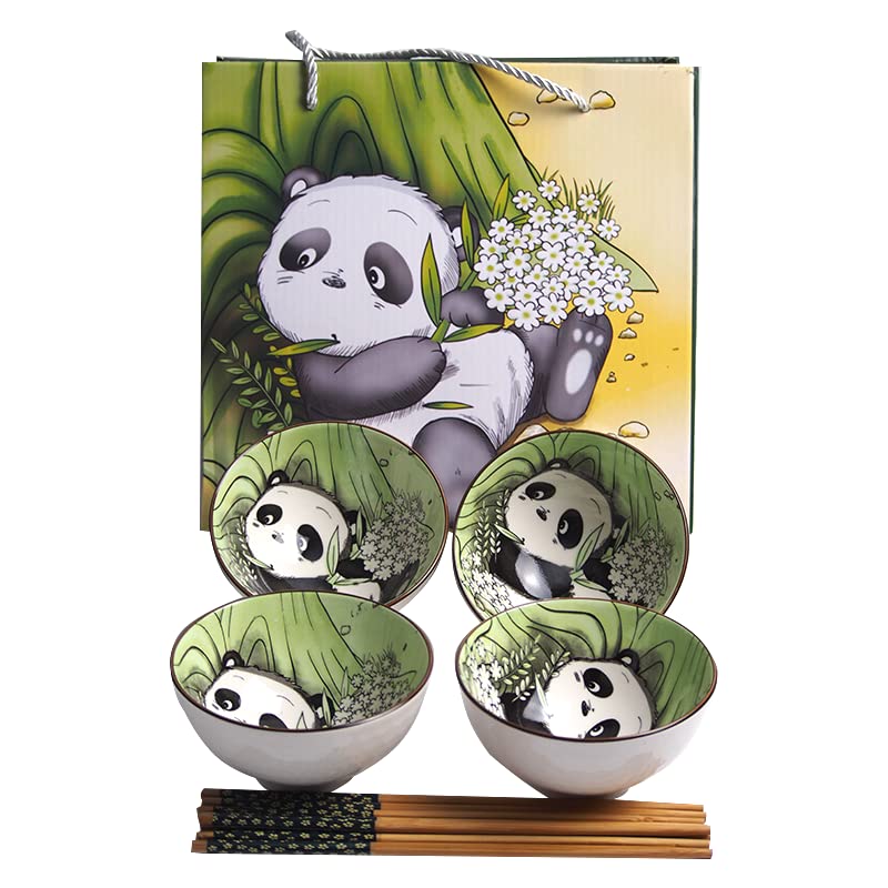 4pcs Cute Panda Ceramic Rice Bowls with Chopsticks - Asian Style Soup Noodle Dessert Bowls for Home Dining & Party Serving | Perfect for Ramen, Ice Cream, and Rice Dishes