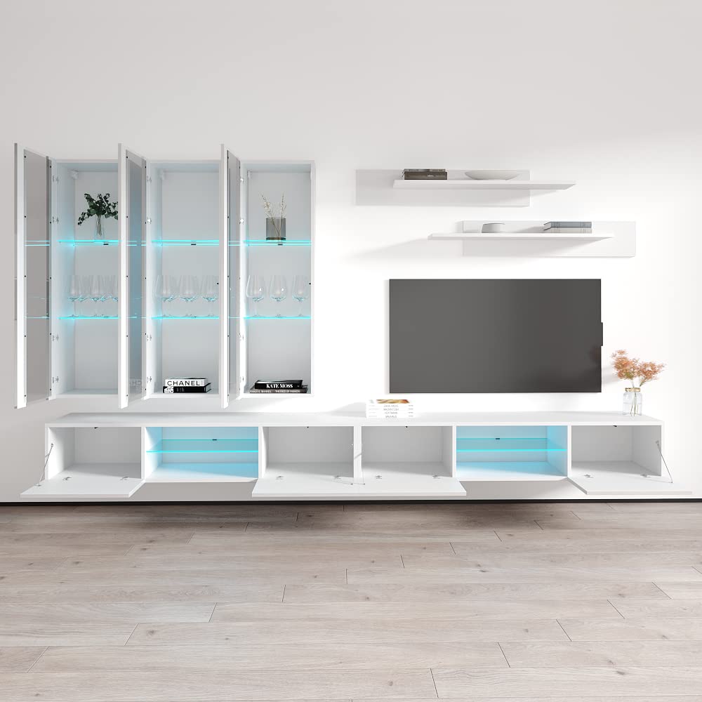 Modern White Wall-Mounted TV Stand with Storage Shelves & LED Lights - Meble Fly E3 33
