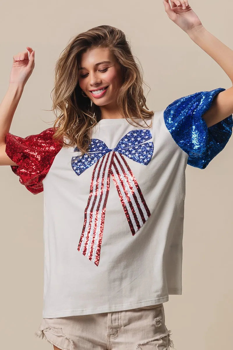 BiBi Sequin American Flag Bow Top - Patriotic Glamour for Women | Perfect for 4th of July, Independence Day & USA Themed Parties