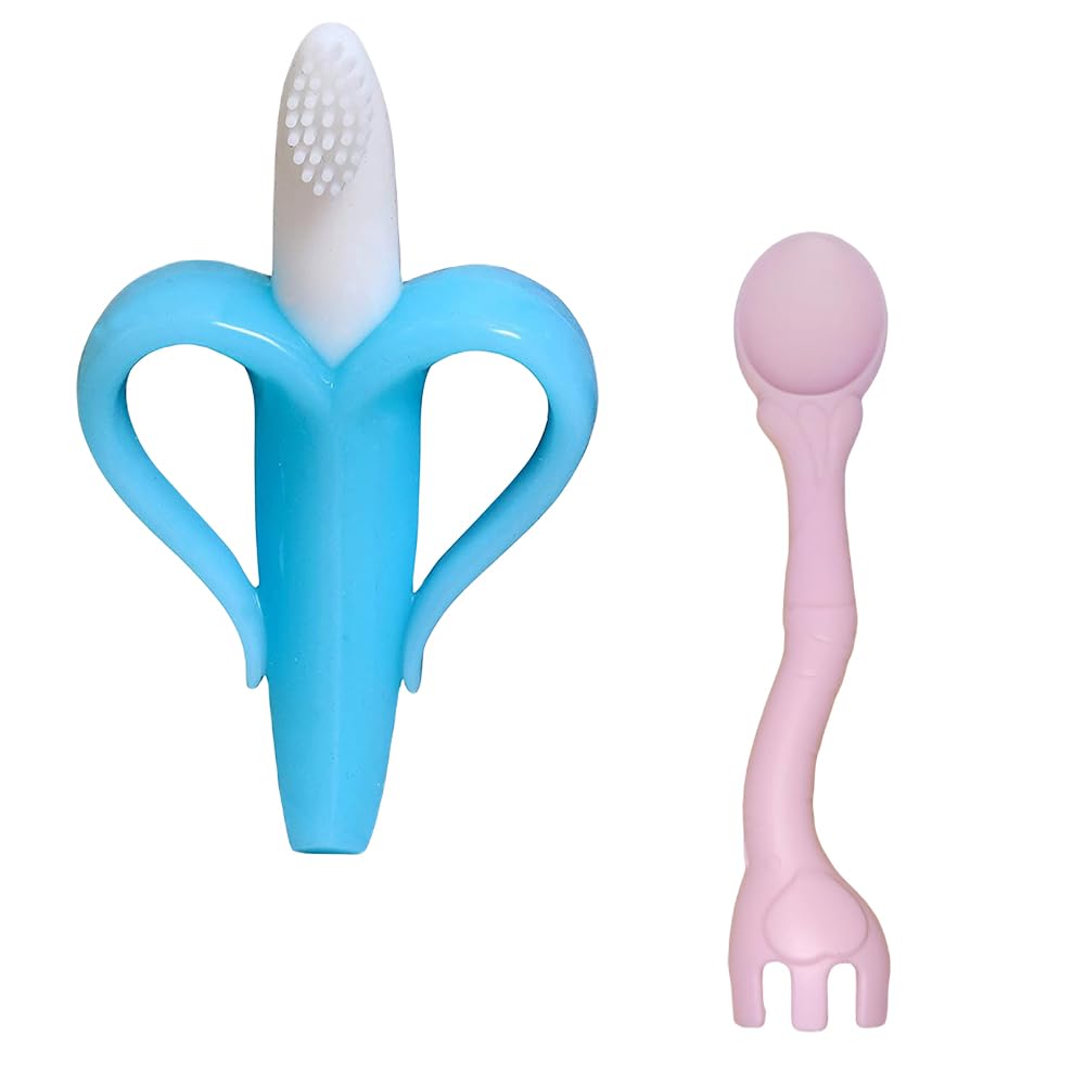 Kritiu Banana Shape Baby Brush & Spoons Set - Soft Silicone Teething Toy for Infants | BPA-Free, Non-Toxic & Easy to Clean | Perfect for Feeding & Soothing Sore Gums (Blue & Pink) | Ideal for Newborns, Travel & On-the-Go Parenting