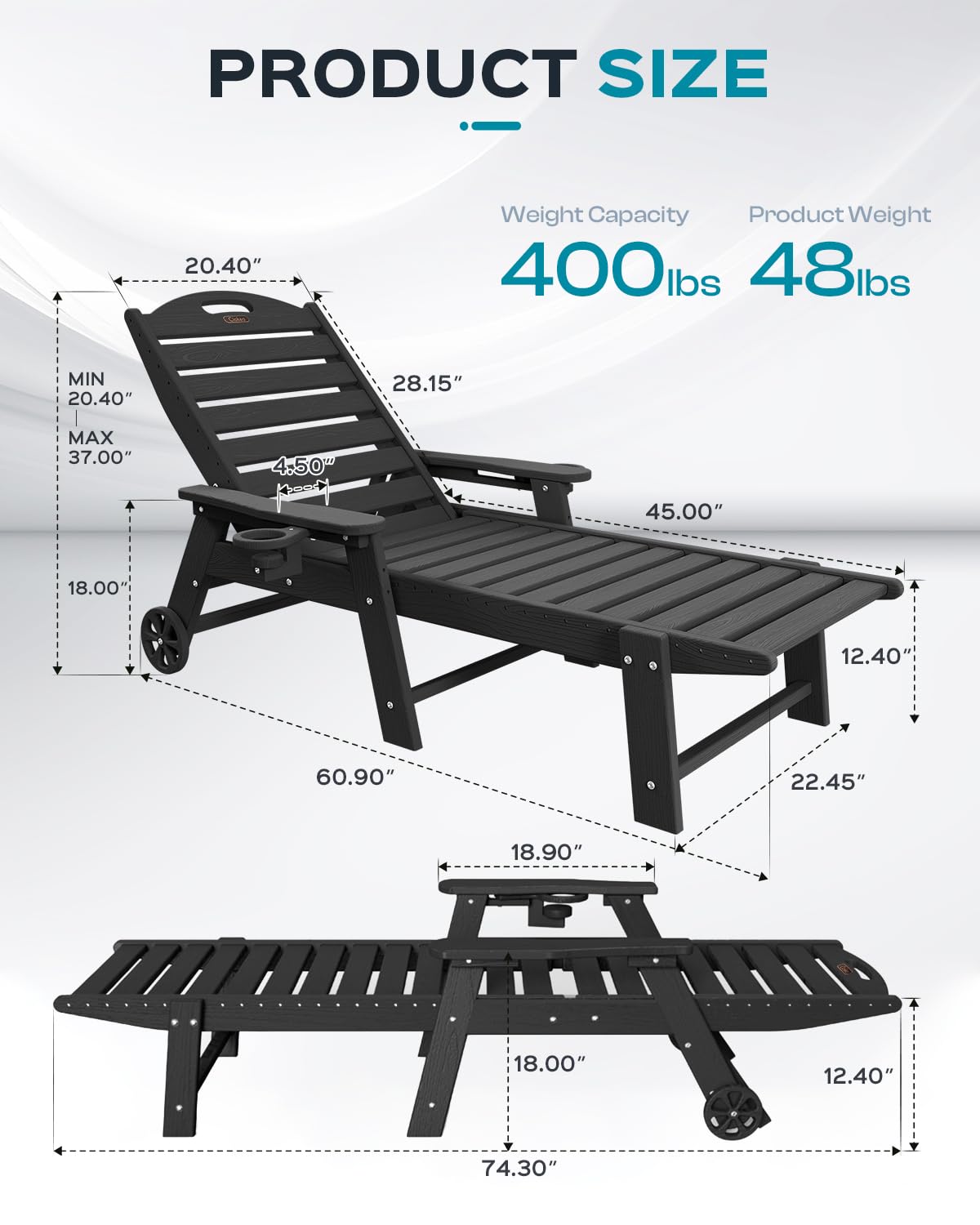 Oversized Outdoor Lounge Chair with 5 Adjustable Positions, HDPE Patio Chaise with Wheels & Cup Holder - Perfect for Poolside, Deck, Backyard Relaxation & Sunbathing
