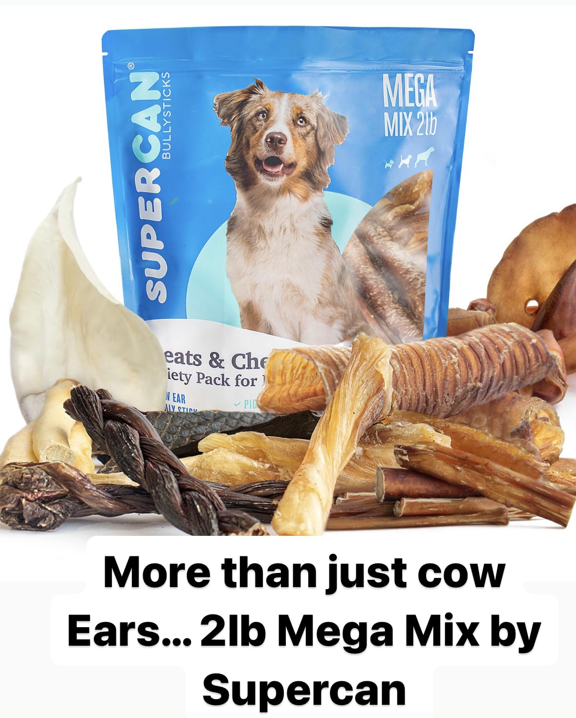 Premium 50-Pack Natural Bully Sticks & Whole Cow Ears Dog Chews - All-Natural Angus Beef Treats for Large Dogs - High Protein, Easily Digestible Dental Snacks - Made in USA - Perfect for Training Rewards & Teeth Cleaning