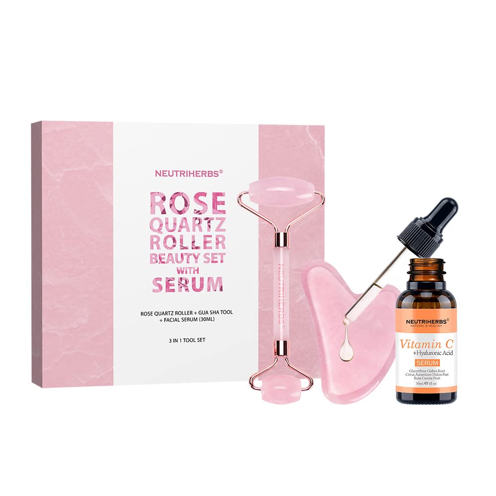 Neutriherbs 3-in-1 Jade Gua Sha & Face Roller & Vitamin C Serum Set - Anti-Aging Facial Massage Tools for Wrinkles, Fine Lines, Puffiness - Skin Firming & Relaxing Home Spa Kit (Pink) | Perfect for Morning Routine, Night Skincare & Self-Care Gifts
