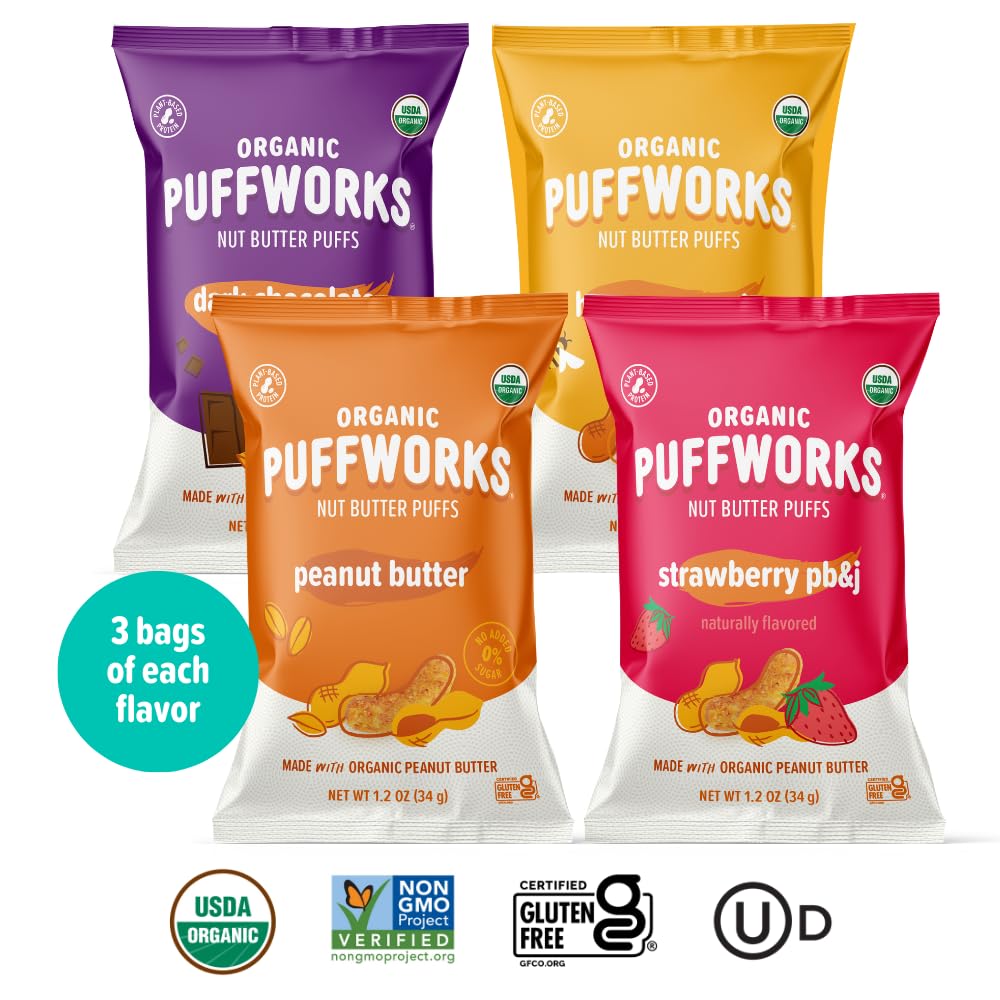 Organic Peanut Butter Puffs Variety Pack - Original, PBJ, Dark Chocolate & Honey Flavors | Gluten-Free, Kosher, Plant-Based Protein Snack | 1.2oz (12 Pack) | Perfect for On-the-Go Snacking, Lunchboxes & Healthy Office Treats