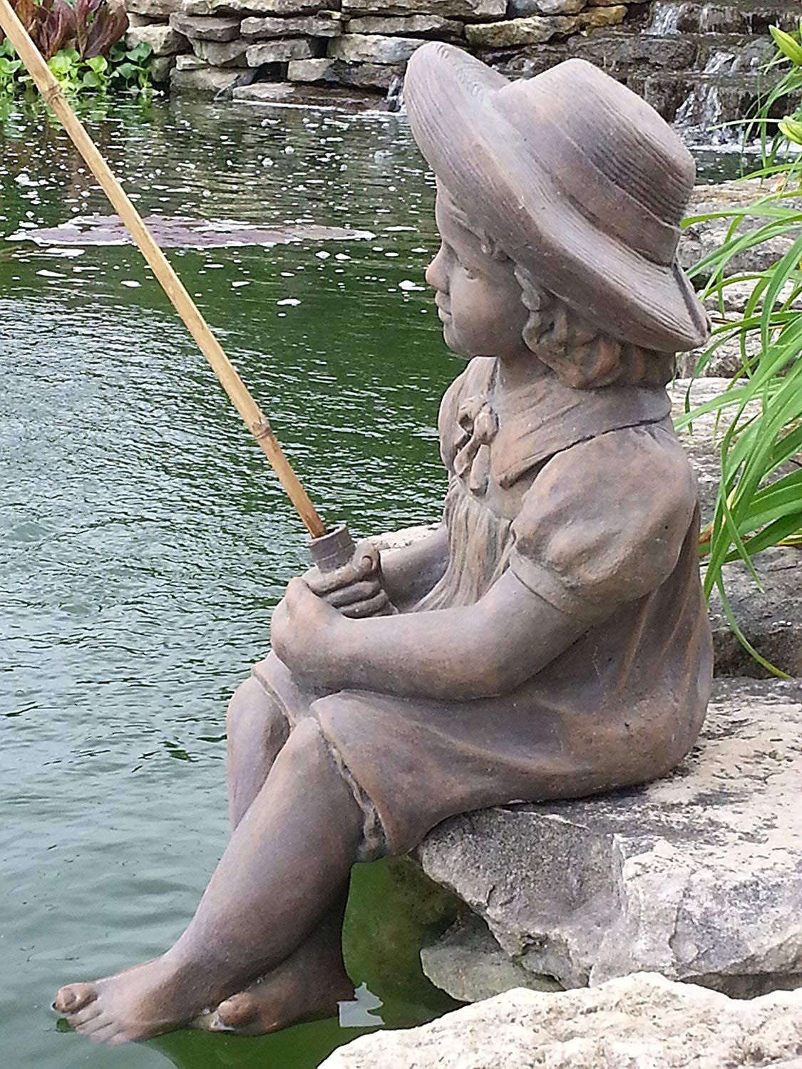 Massarelli's Fishing Girl Cast Stone Statue - Outdoor Garden & Pond Decor Sculpture - Perfect Gift for Fishing Enthusiasts & Garden Lovers - Ideal for Patio, Backyard & Water Feature Decoration