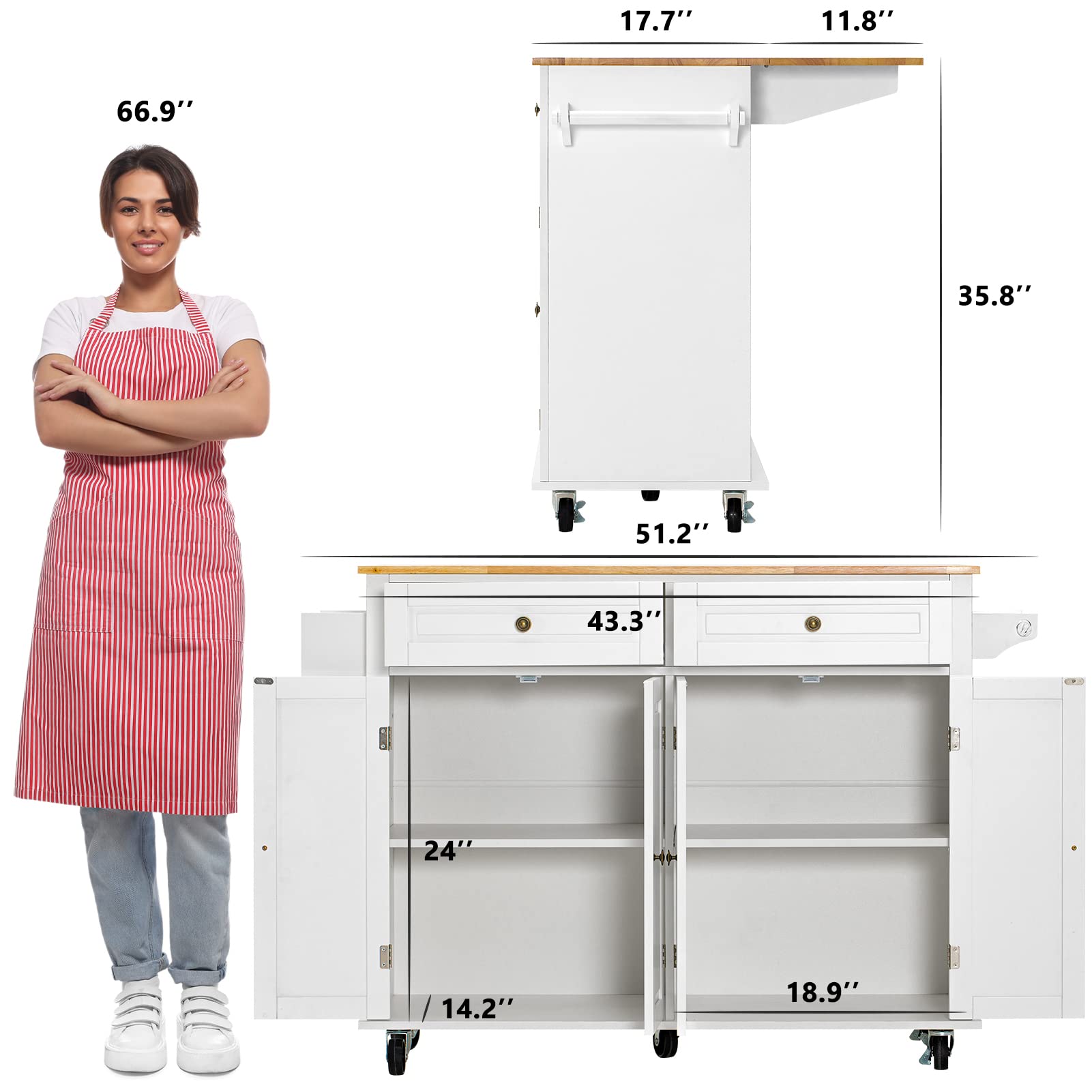 Rolling Kitchen Island with Drop Leaf – White Matte Movable Kitchen Cart on Wheels with Storage Cabinet, Rubber Wood Top, Rack, and Drawers – Perfect for Small Kitchens, Dining, and Entertaining