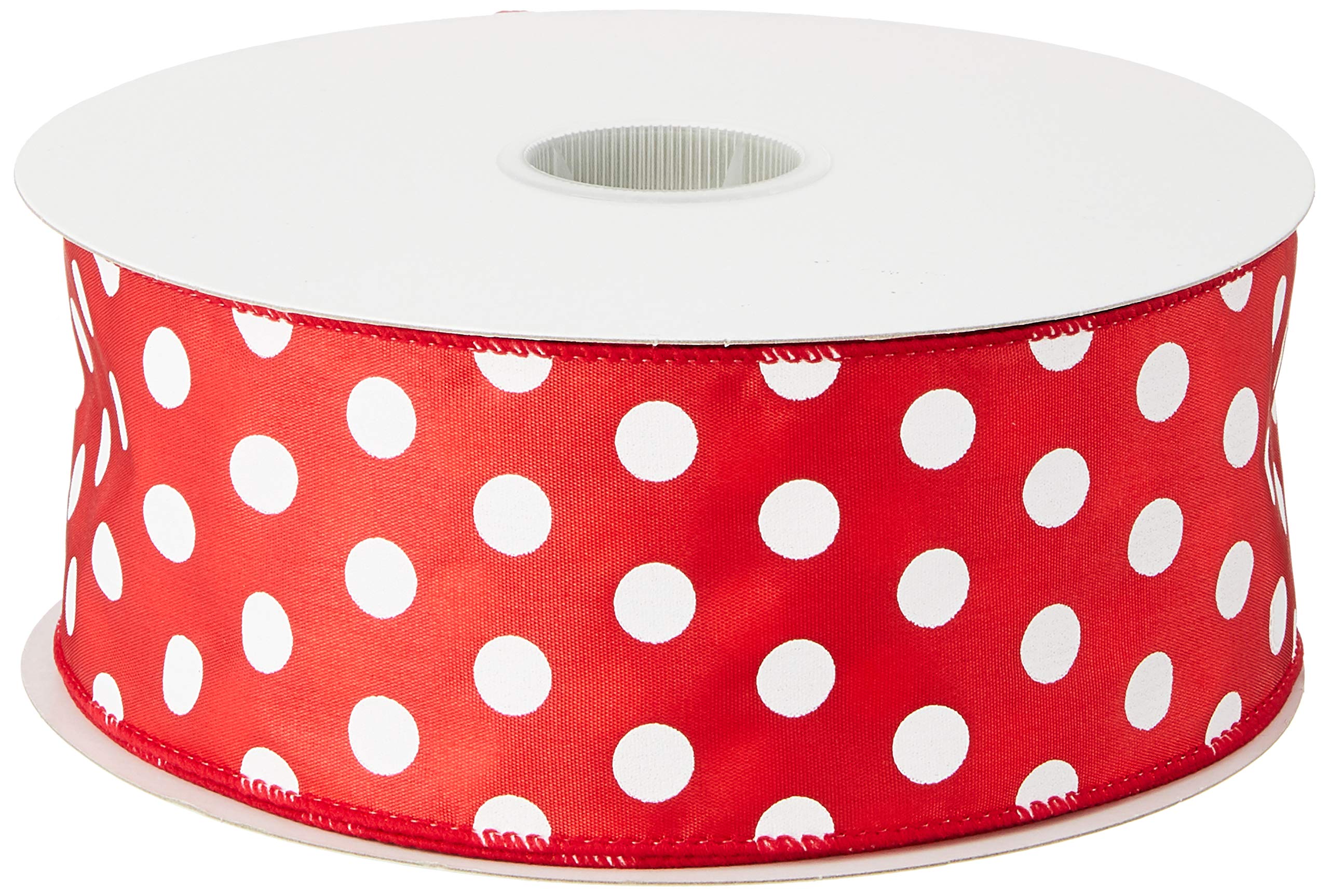 Morex 2-1/2 Inch x 50 Yard Wired Holiday Dots Polyester Ribbon - Red and White Christmas Decoration for Gift Wrapping, Tree Trimming & Party Decor