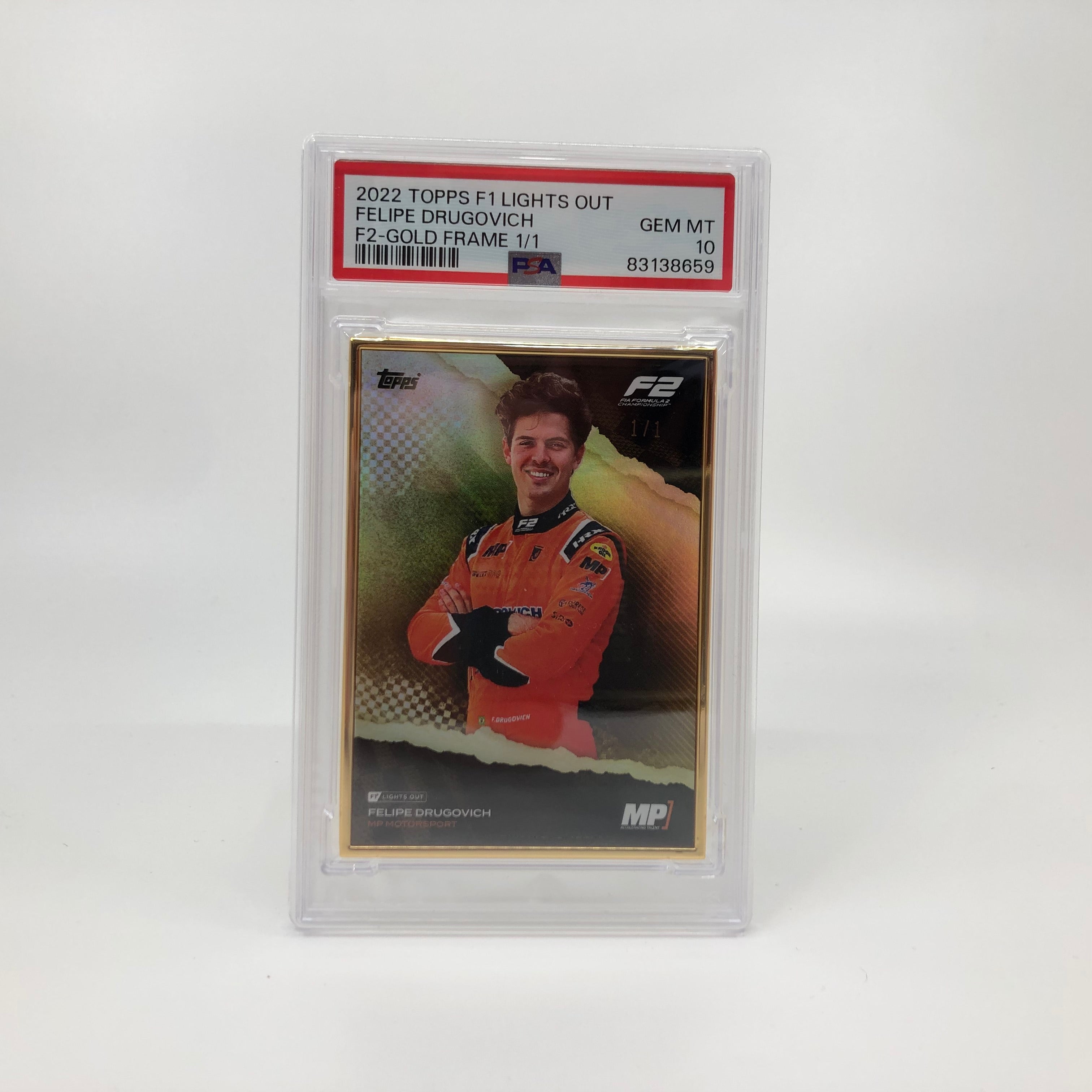 Felipe Drugovich 2022 Lights Out F2 Driver 1/1 Gold Frame PSA 10 - Perfect for Motorsport Collectors & Racing Memorabilia Displays