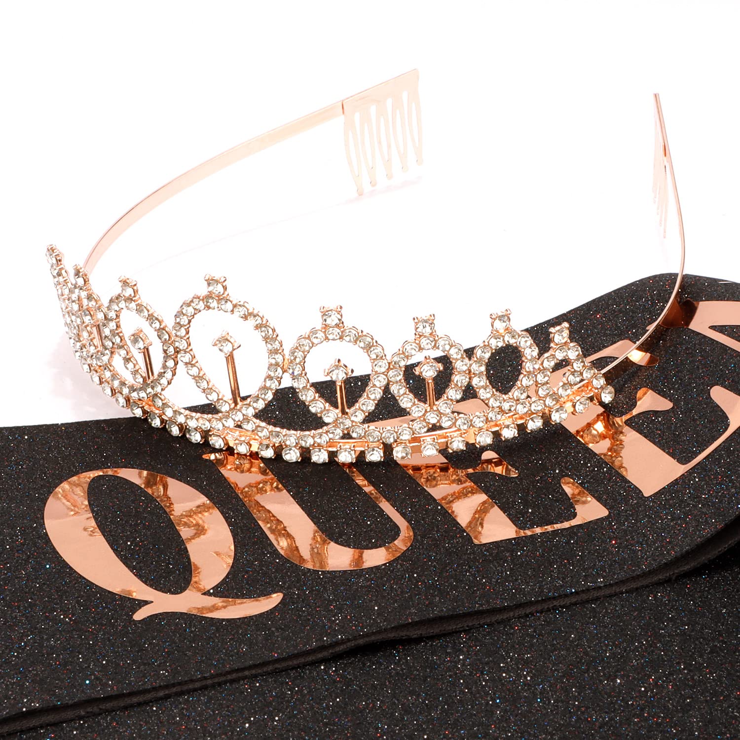 CIEHER Rose Gold Birthday Crown & Black Sash Set for Women - Elegant Crystal Tiara & Queen Crown for Birthday Parties, Decorations, and Special Celebrations - Perfect Birthday Gift for Women