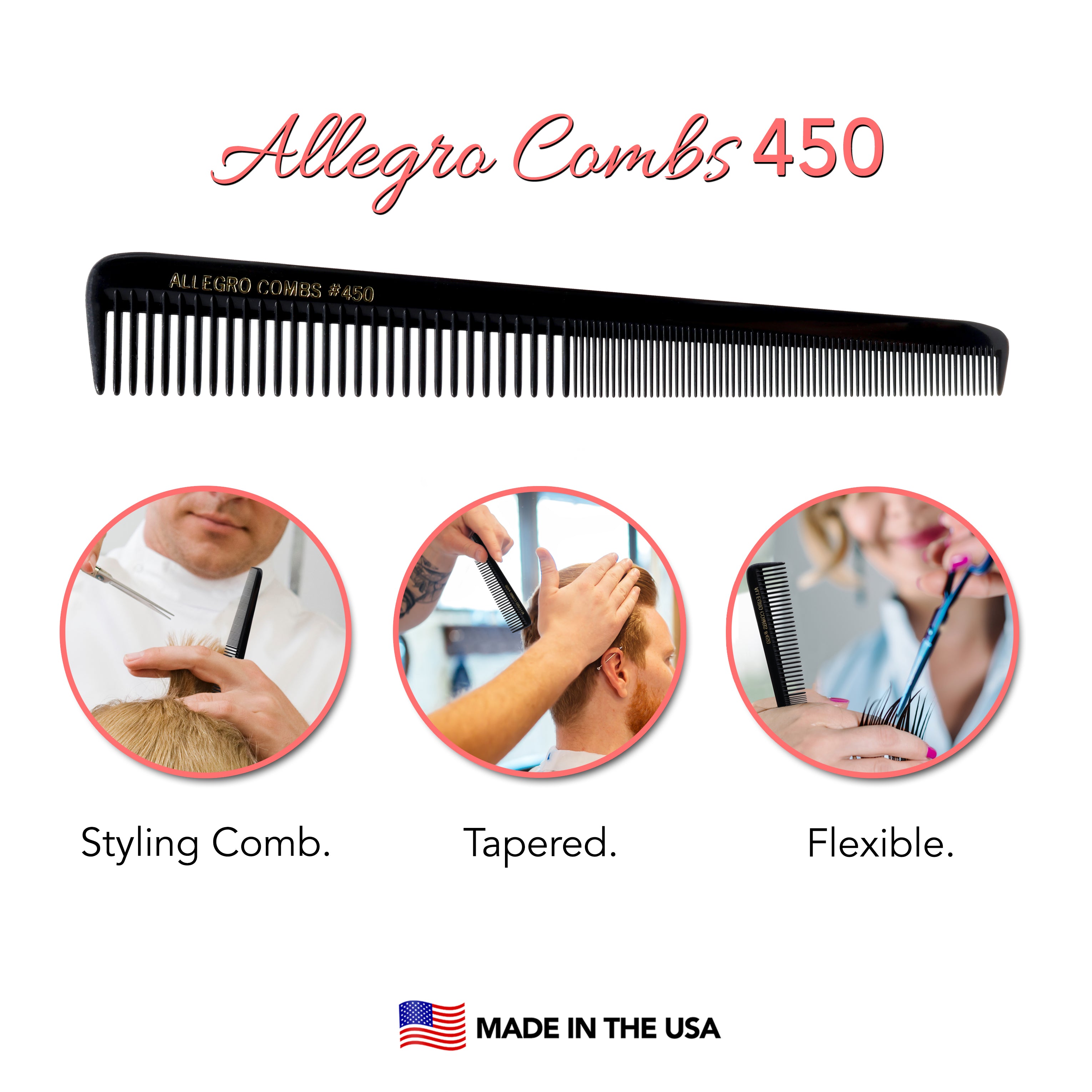 Allegro Combs 450 Professional Tapered Barber Hair Cutting Combs - 12 Pack Black Styling Combs for Fade, Undercut & Precision Haircuts | Salon & Home Use
