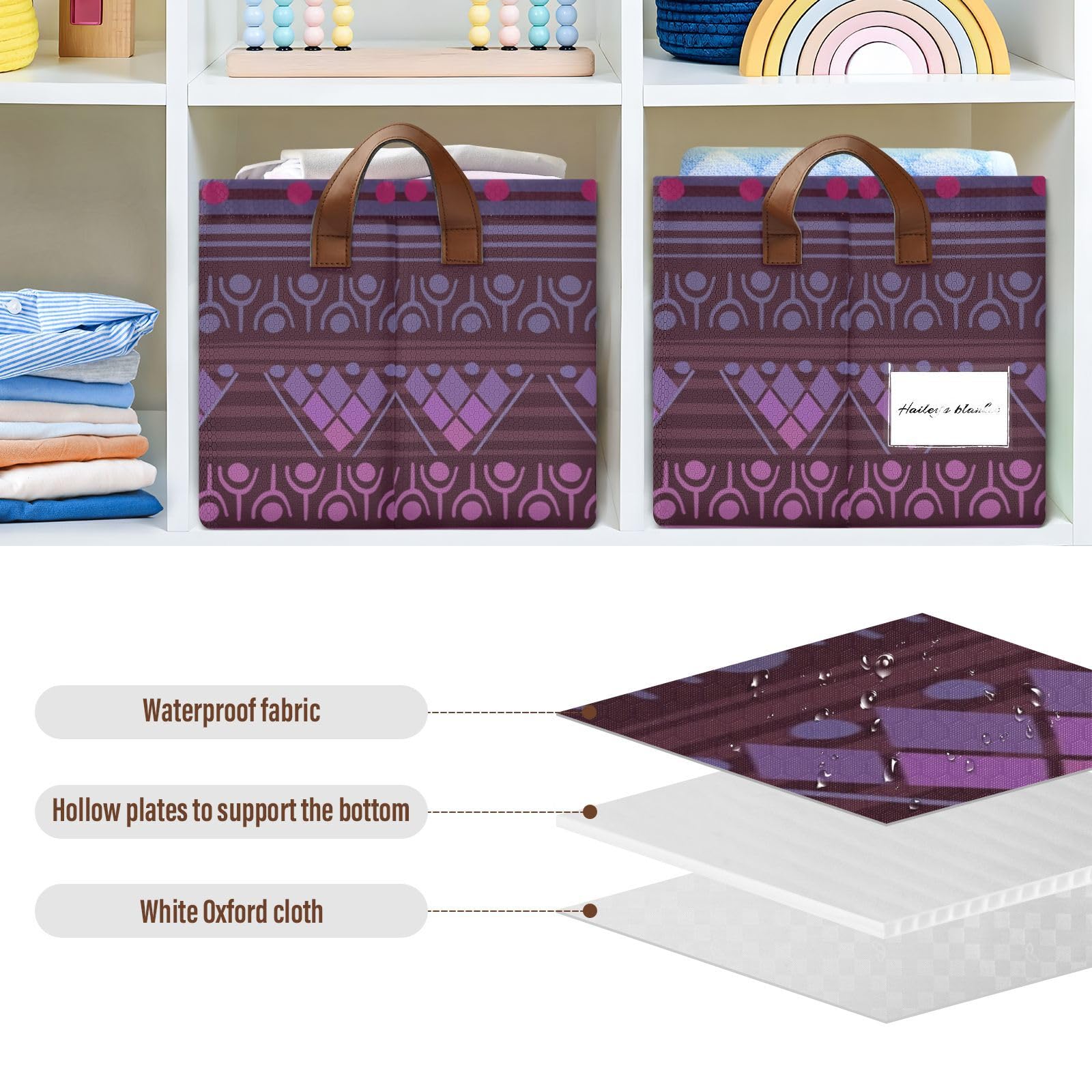 Yuiboo Decorative Shelf Baskets - 2 Pack Boho Fabric Storage Bins with Handles, Ethnic Purple Closet Organizers for Bedroom, Bathroom & Living Room Storage Solutions