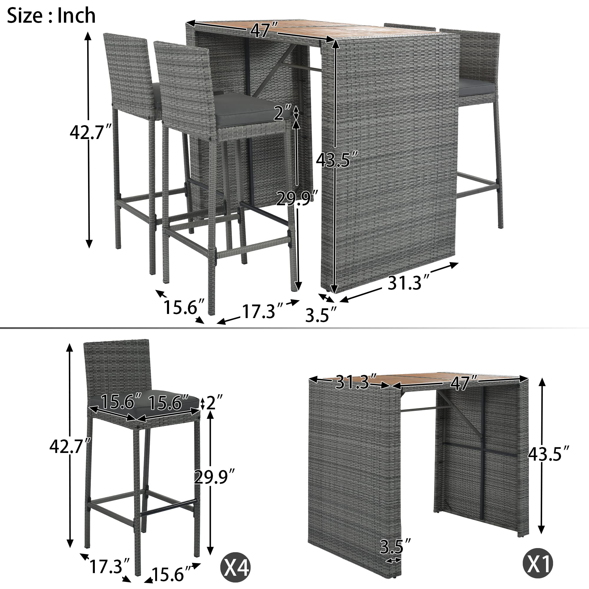 5-Piece Outdoor Patio Rattan Counter Height Dining Set - All-Weather Wicker Bar Table & Chairs with Acacia Wood Table Top & Removable Cushions - Perfect for Backyard, Garden, Poolside & Restaurant Outdoor Seating