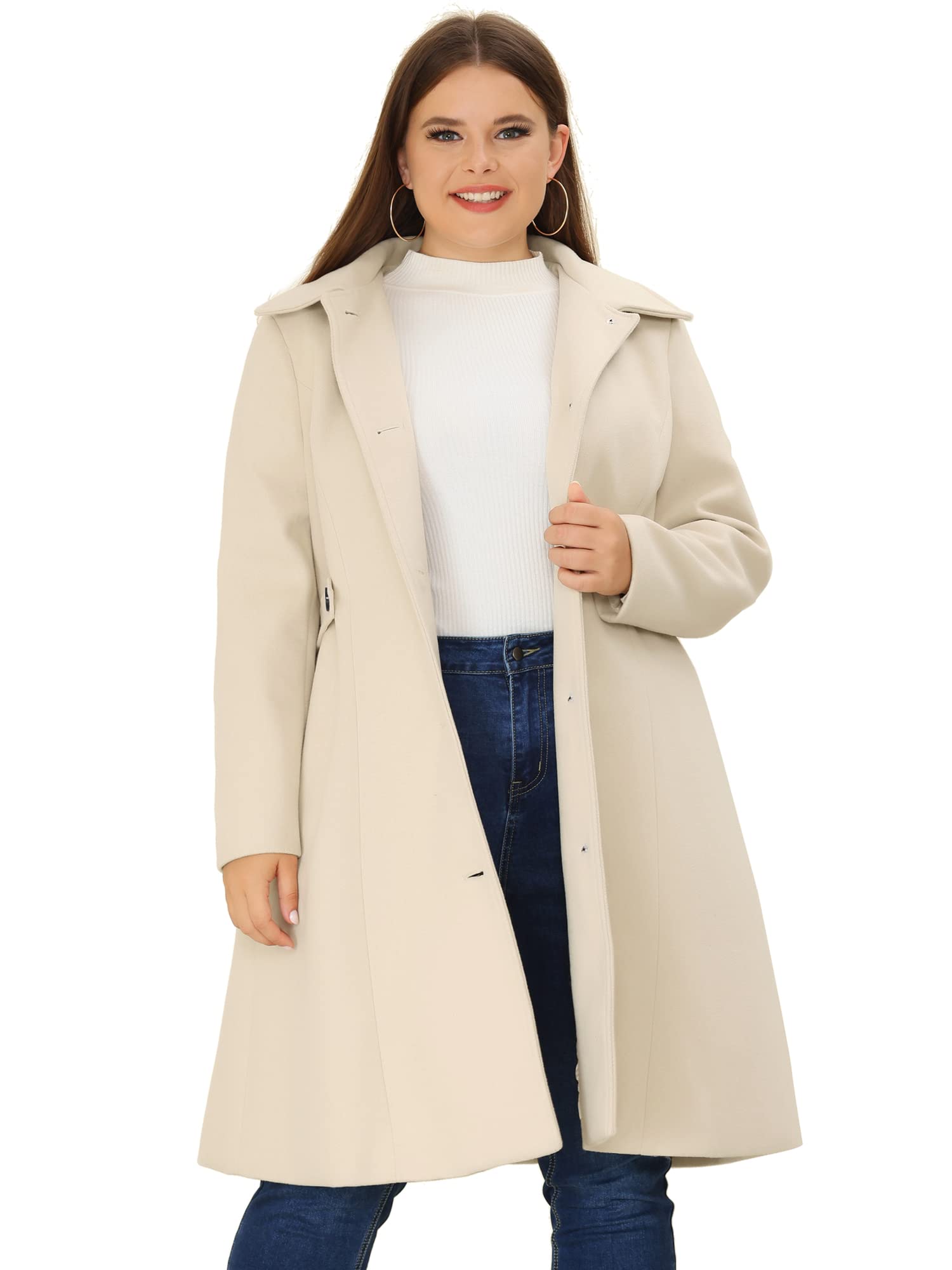 Agnes Orinda Women's Plus Size Single Breasted Belted Winter Long Coat - Warm Wool Blend Trench Coat for Cold Weather, Office Wear & Holiday Outfits