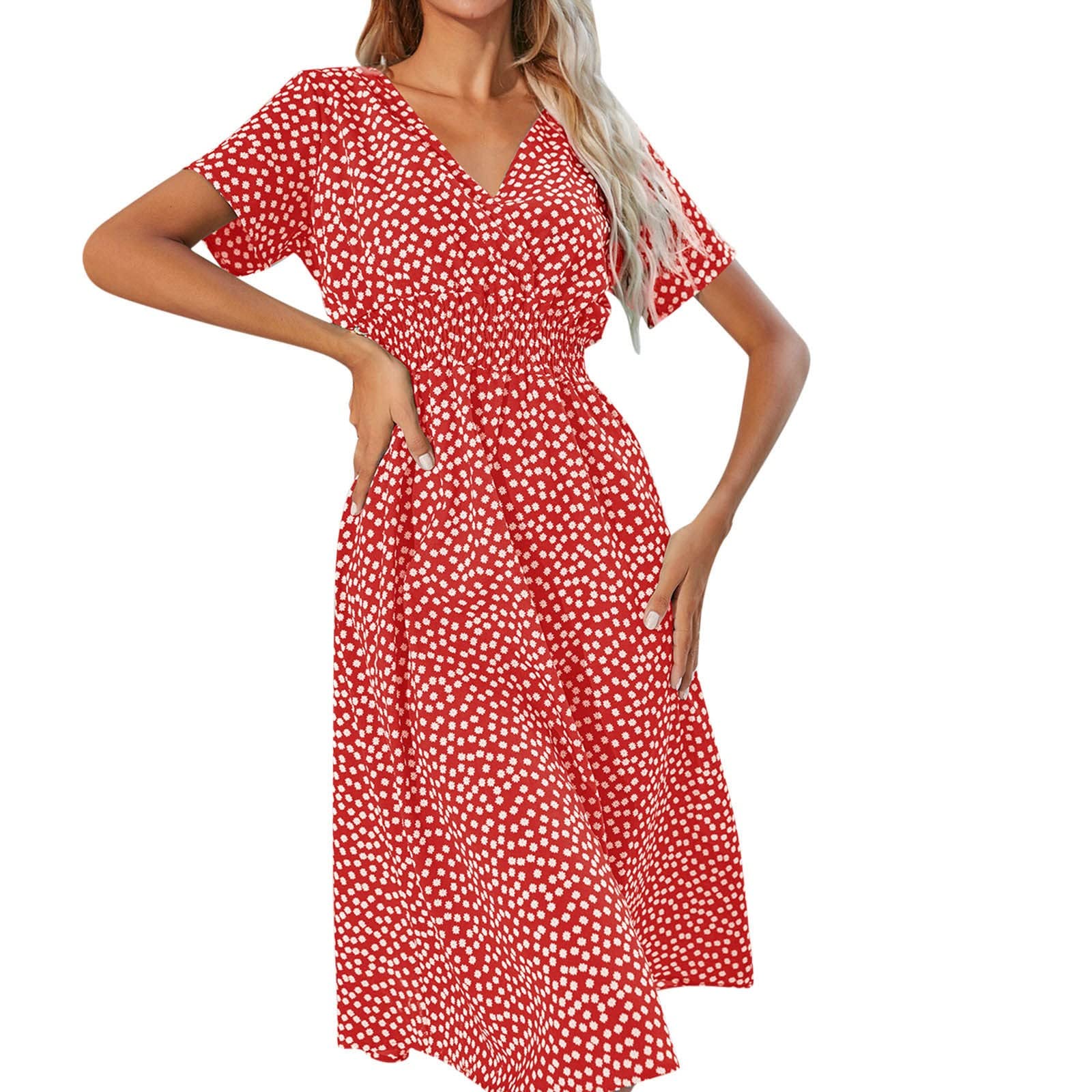 Elegant Floral Print V-Neck Short-Sleeve Loose Dress for Women - Wedding Guest, Party, Summer Casual Wear (Red, Size S) | Perfect for Bridal Showers, Garden Parties & Date Nights