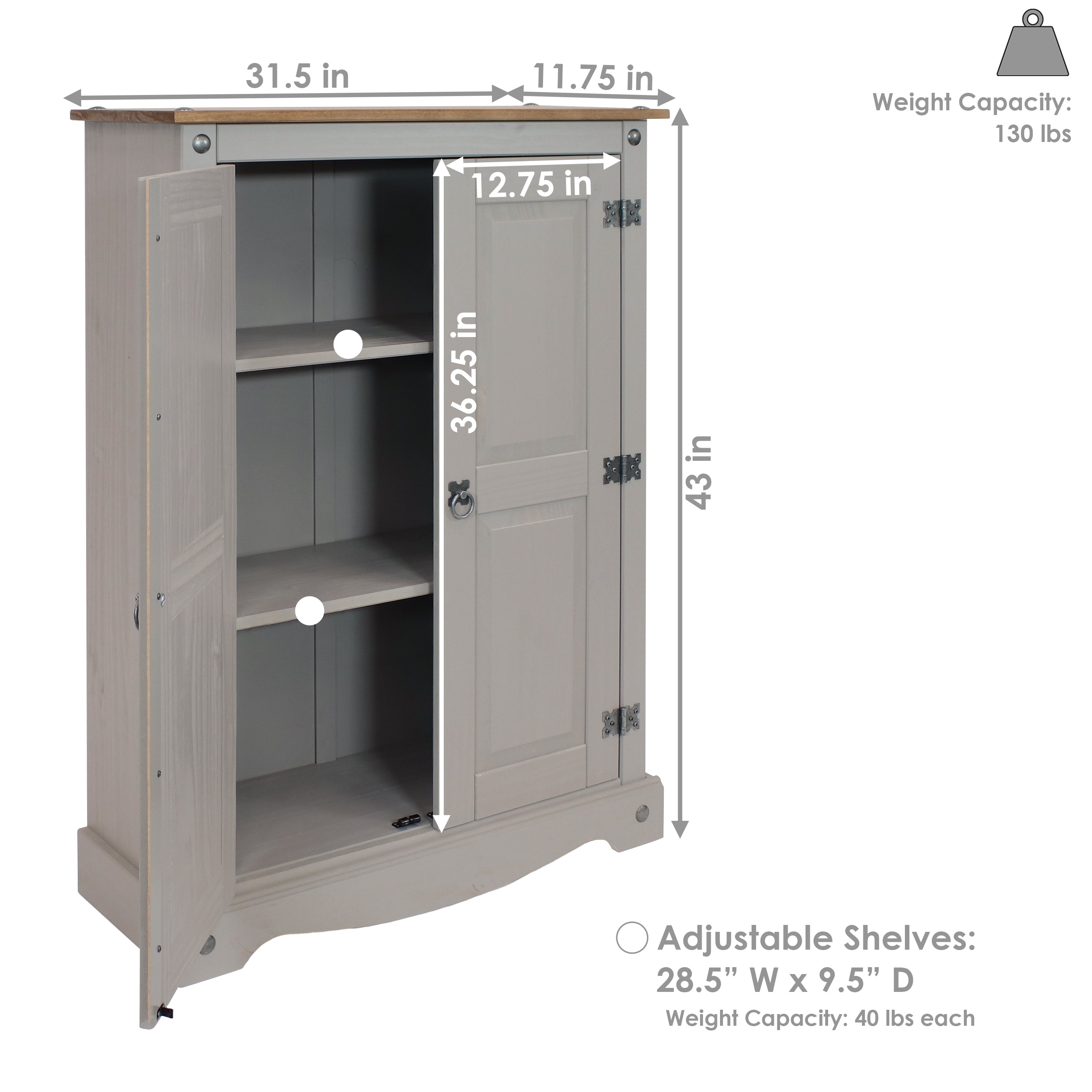 Sunnydaze 2-Door 2-Shelf Solid Pine Storage Cabinet in Gray - 43 Inches Tall | Perfect for Pantry, Kitchen, Bathroom, or Garage Organization