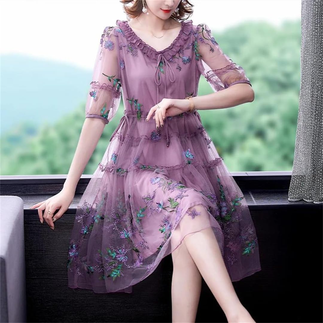 Floral Embroidery Mesh Ruffled Collar Midi Dress for Women - Summer Hollow Out Sexy Korean Style Elegant Dress for Date Night, Wedding Guest & Vacation Outfits