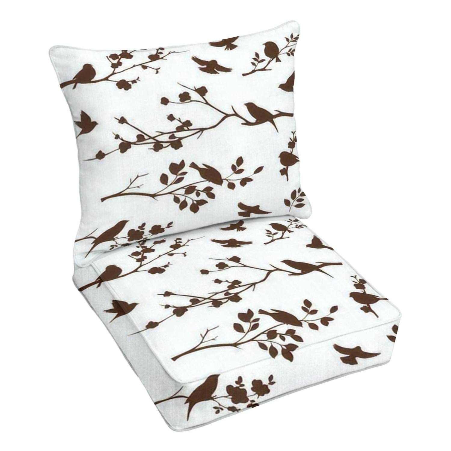 Premium Outdoor Deep Seating Cushion Set with Bird & Floral Twig Silhouettes - Spring Cherry Blossom Design - Thick Replacement Cushions for Patio Lounge Chairs (Perfect for Garden, Deck, Poolside & Outdoor Conversation Areas)