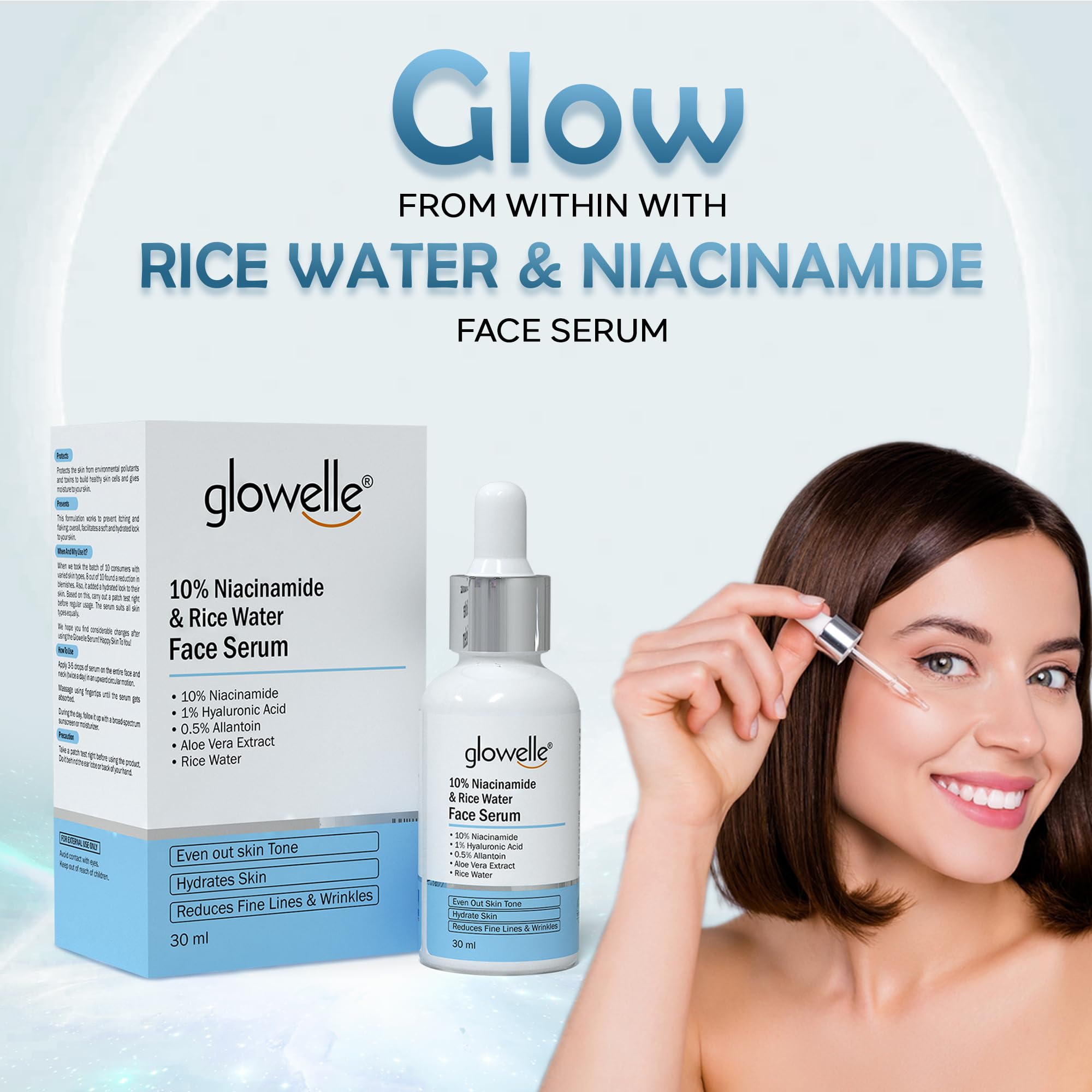 Glowelle 10% Niacinamide & Rice Water Brightening Face Serum - Dark Spot Corrector, Pore Minimizer, Anti-Aging Treatment for Glowing Skin - Reduces Wrinkles & Fine Lines - 30ml - Perfect for Daily Skincare Routine & Nighttime Regimen (For Women & Men)