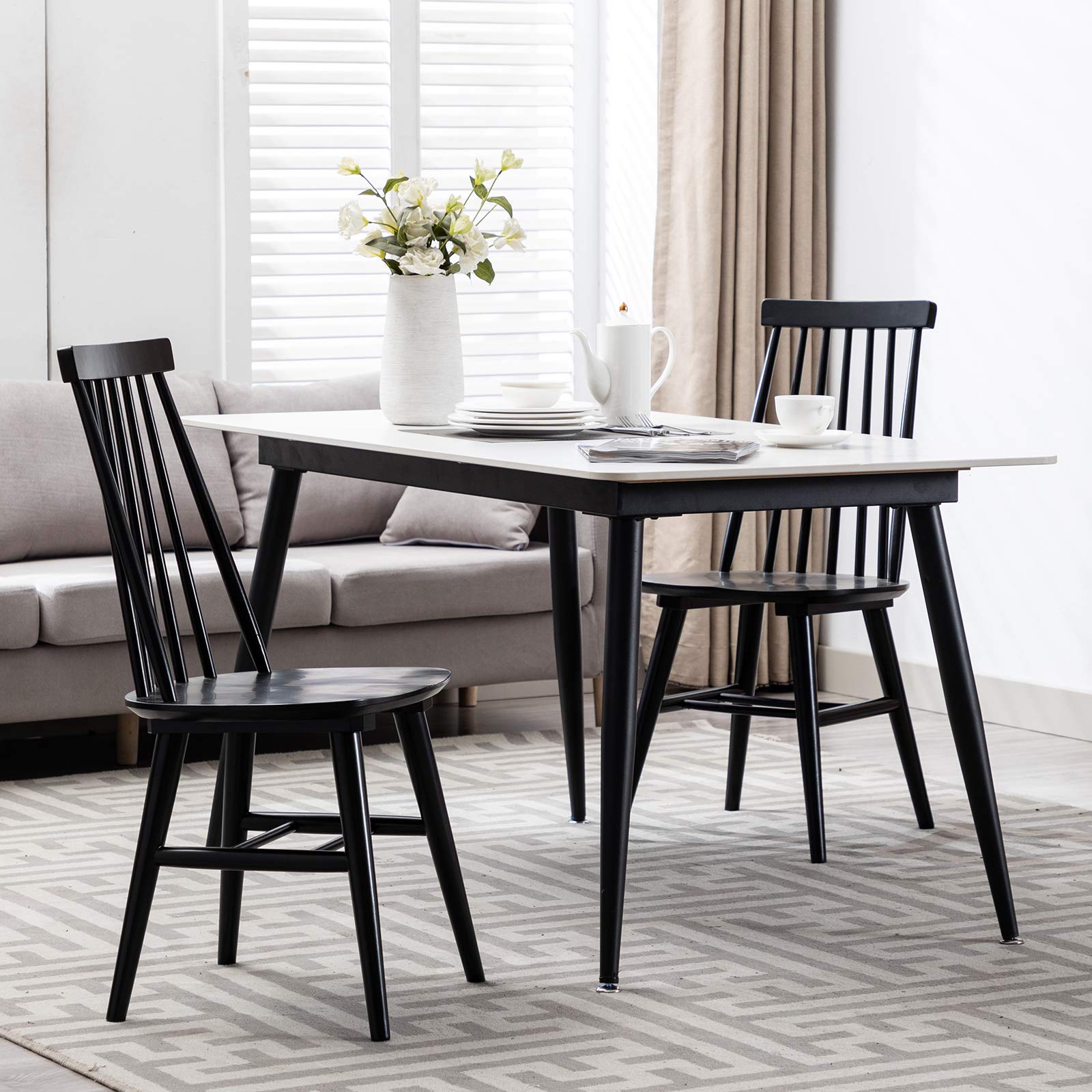 DUHOME 2-Piece Wooden Dining Chairs Set - Windsor Style Slat Back Kitchen Chairs for Dining Room, Black - Perfect for Farmhouse & Modern Home Decor