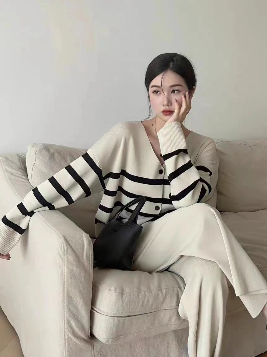 Trendy Autumn/Winter Striped Knit Sweater with Low Neck & Long Sleeves + High Waist Wide Leg Pants Set - Perfect for Casual Outings, Office Wear & Holiday Outfits
