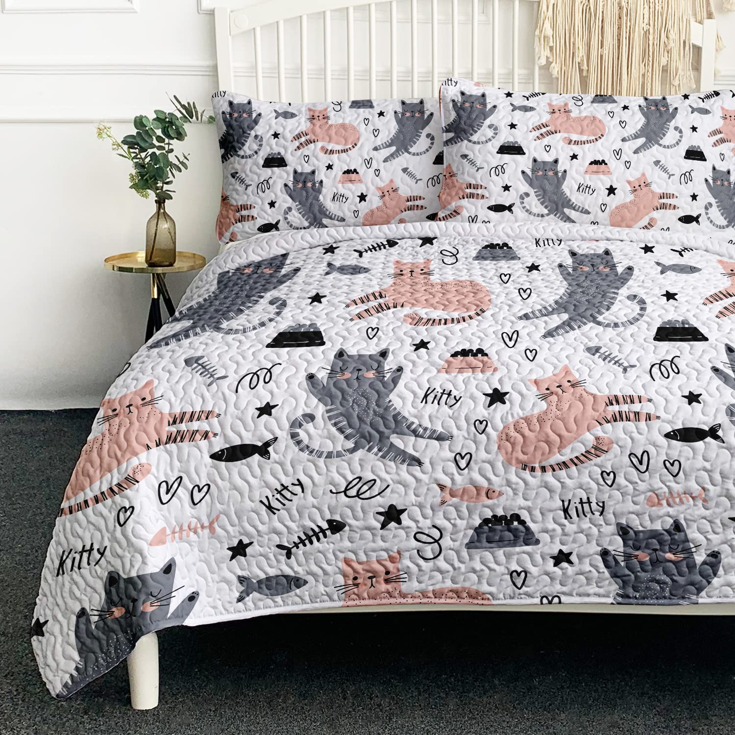Blessliving King Size Cat Quilt Set - Gray & Pink Summer Lightweight Bedspread with Kawaii Cat Pattern - Soft Kids Bed Coverlet (1 Quilt + 2 Shams, 104x90 Inches) for Cozy Bedroom Decor & Teen Girl Room Makeover
