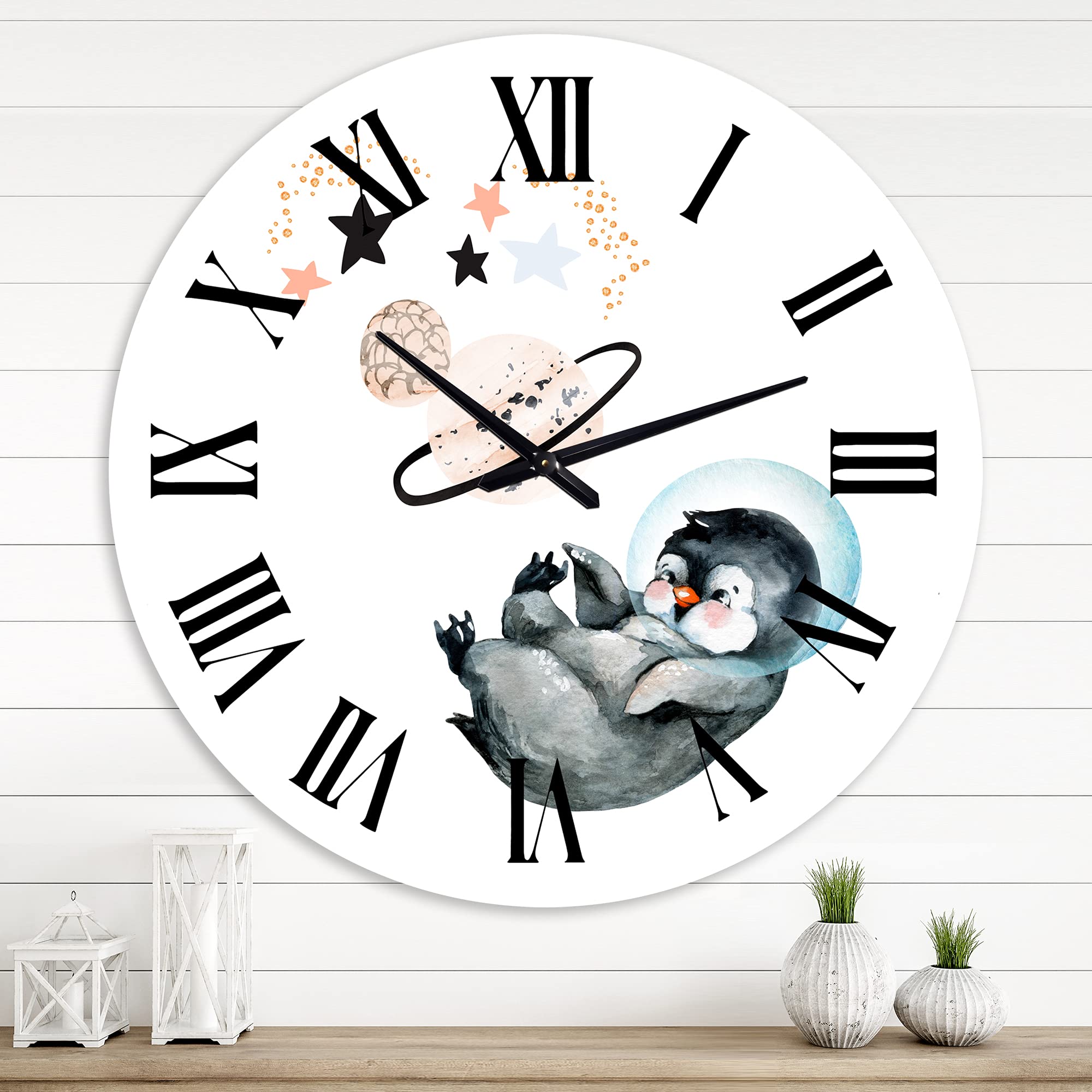 Farmhouse Wall Clock - Little Penguin with Stars & Planets Design, Large Decorative Wall Clock for Living Room, Bedroom, Kitchen | Perfect for Home, Office & Nursery Decor