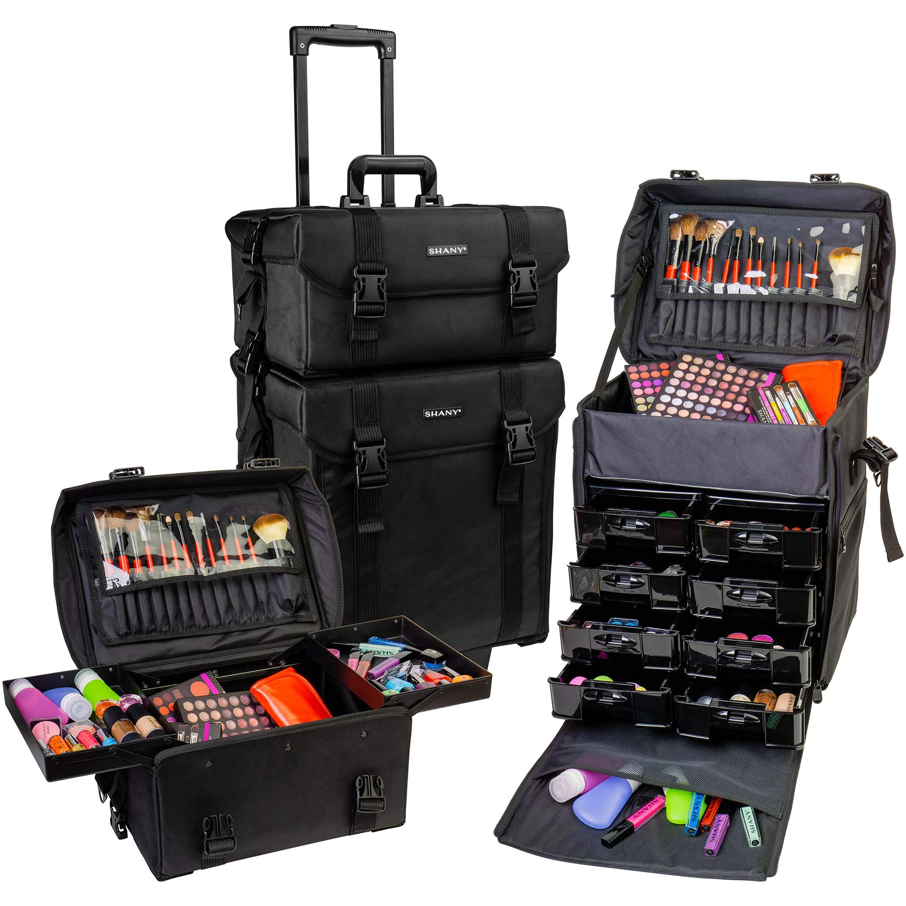 SHANY Professional Makeup Artist Rolling Trolley - Large Cosmetic Case with Organizer Drawers & Mesh Bags - Perfect for Travel, Salon & On-Set Makeup - Jet Black