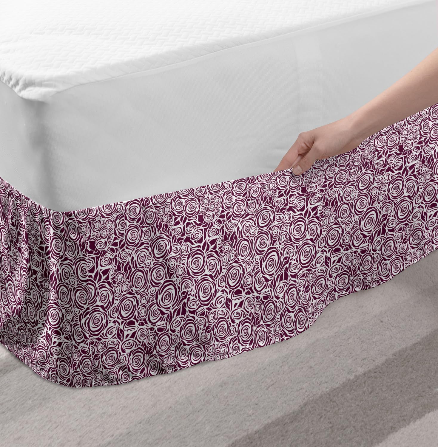 Ambesonne Floral Elastic Bed Skirt - Monochrome Roses Design, Wrap Around Dust Ruffle for Queen Size Beds in Plum & White | Perfect for Romantic Bedroom Decor & Guest Room Styling