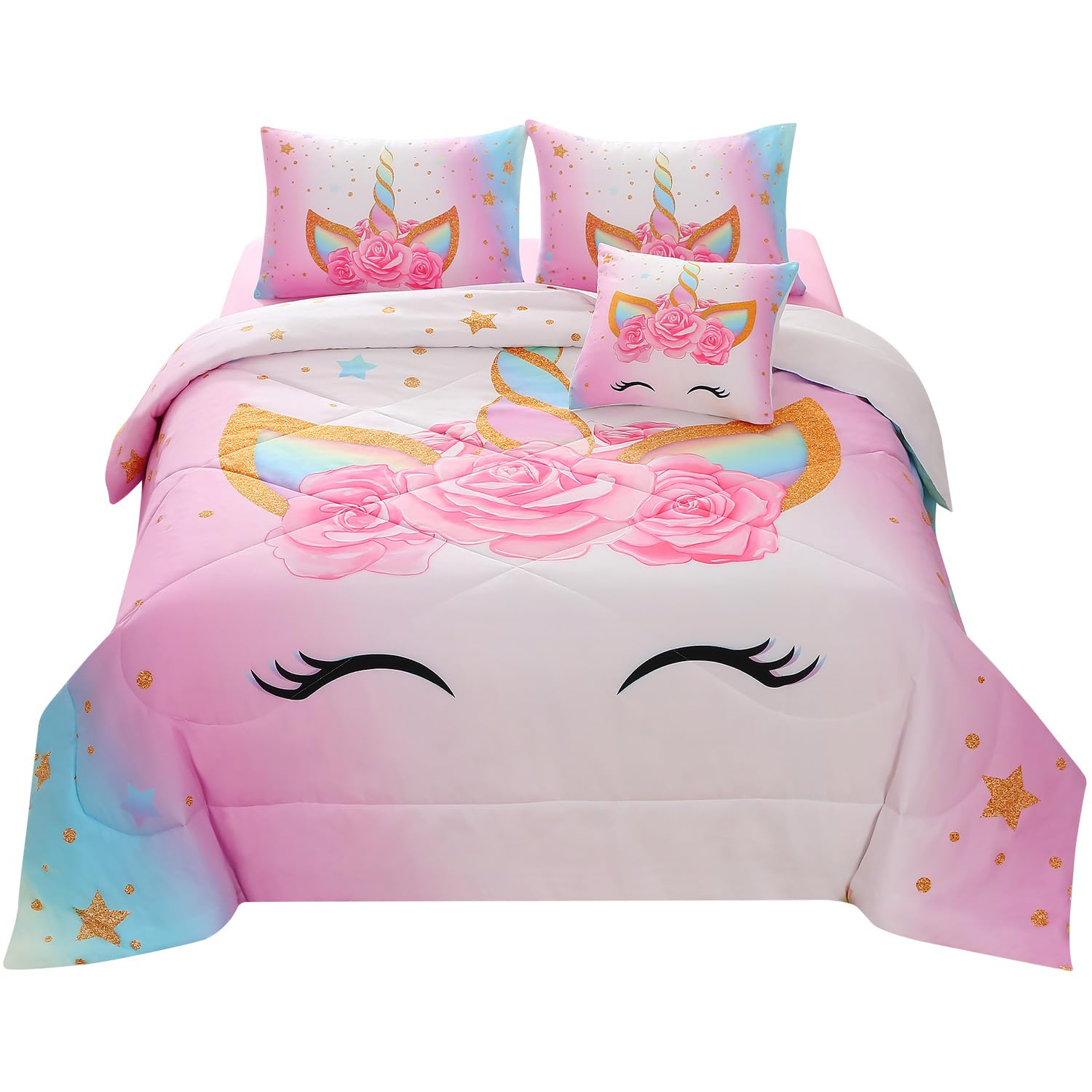 JQinHome 6-Piece Unicorn Twin Bedding Set for Girls - 3D Colorful Flower & Unicorn Comforter with Sheet Set | Soft Kids Bedroom Decor for Sleepovers & Birthday Gifts