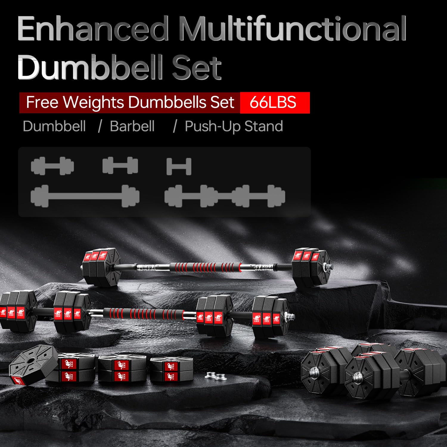 Adjustable Dumbbell Set 44Lbs 66Lbs 88Lbs - 3 in 1 Home Gym Weight Set with Connecting Rod for Strength Training | Perfect for Full-Body Workouts at Home, Office or Small Spaces (Men & Women)