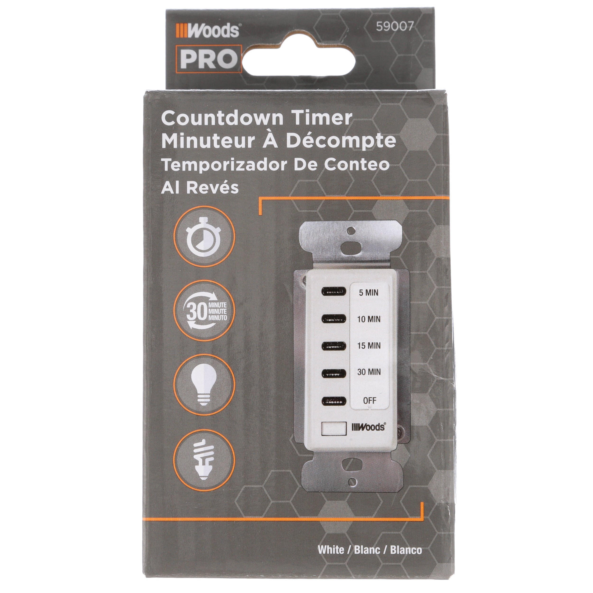 Woods 59007WD 30-Minute In-Wall Digital Countdown Timer with Decora Style - White | Perfect for Bathroom Fans, Kitchen Lights & Home Automation