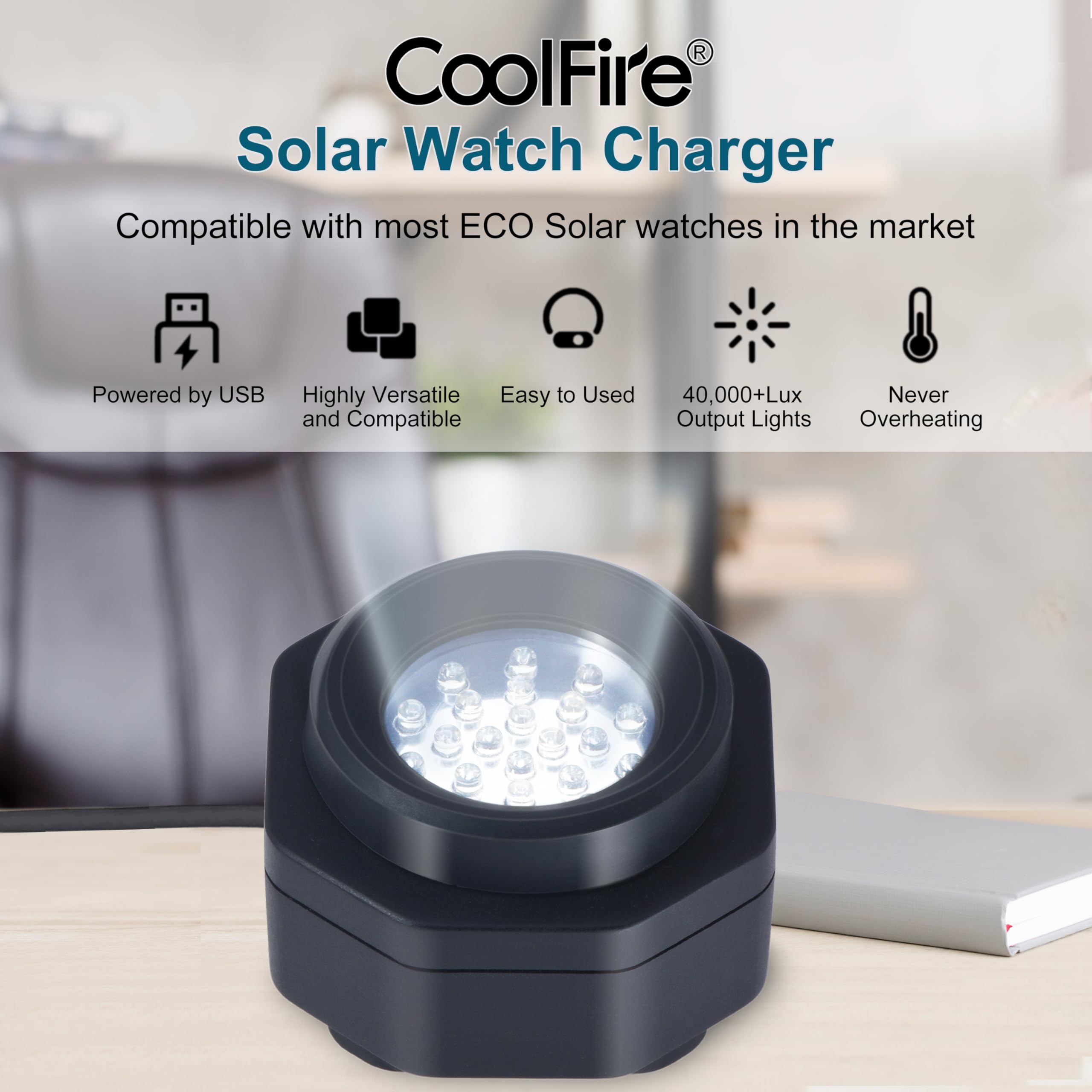 CoolFire - USB-C UV Free Solar Watch Fast Charger for Men | Portable Eco-Friendly Watch Battery Charger | Compatible with All Solar-Powered Watches | Perfect for Travel, Outdoor & Daily Use (White)