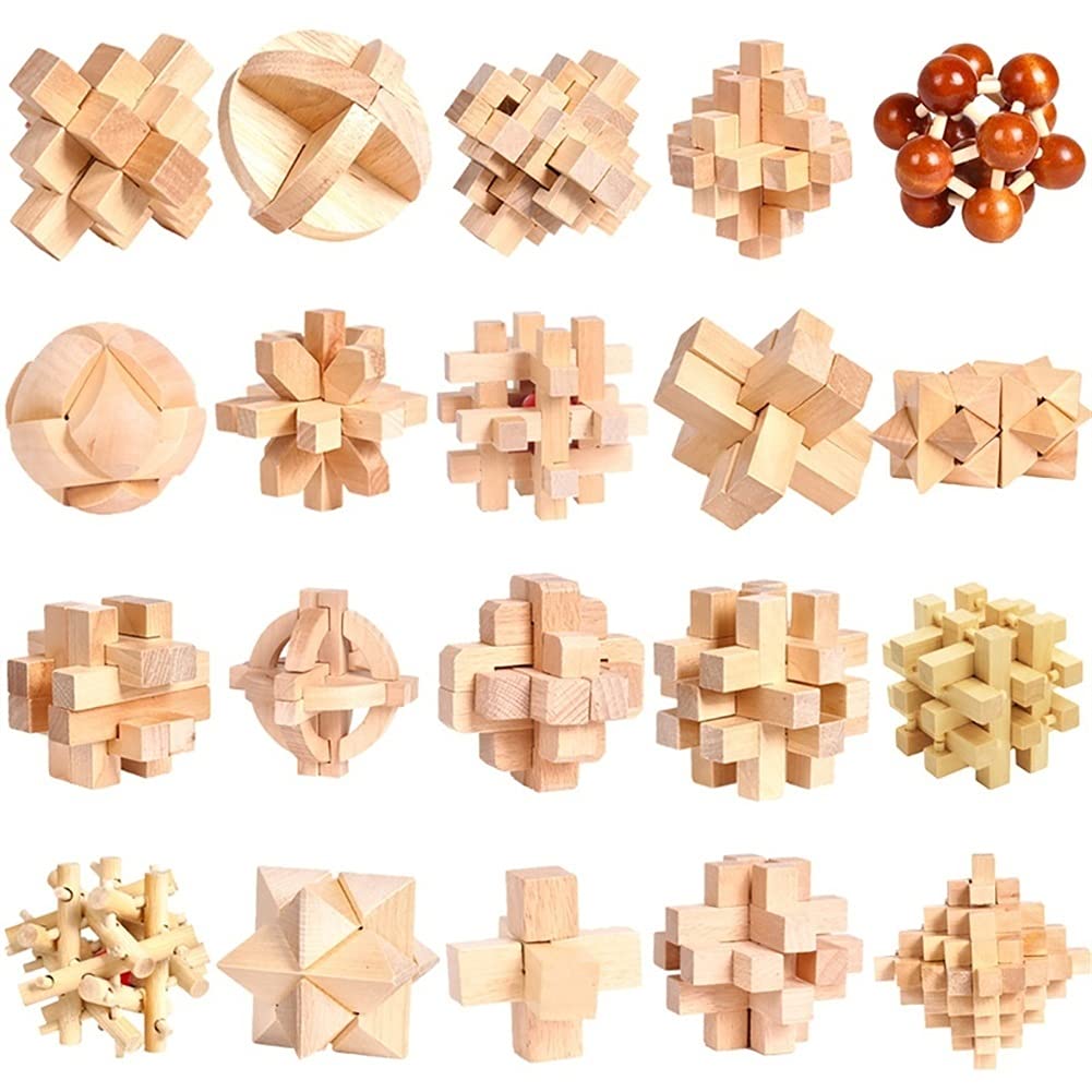 3D Wooden Kongming Lock Puzzle - Luban Lock Brain Teaser Toy for Stress Relief, Interlocking Building Blocks for Kids & Adults - 20pc Hemu Theaceae Set - Perfect for Office Desk, Classroom & Family Game Night