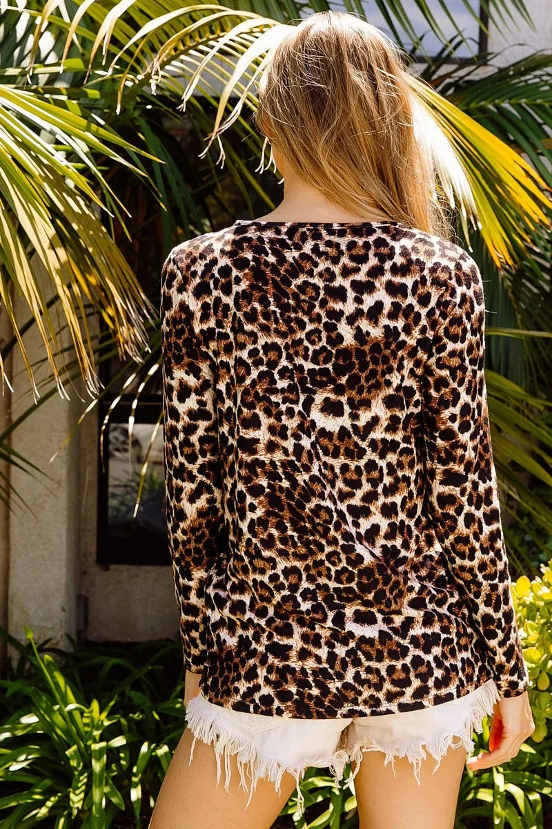 BiBi Leopard Print Long Sleeve Blouse with Shoulder Slit - Trendy Women's Tops for Party, Night Out & Casual Wear
