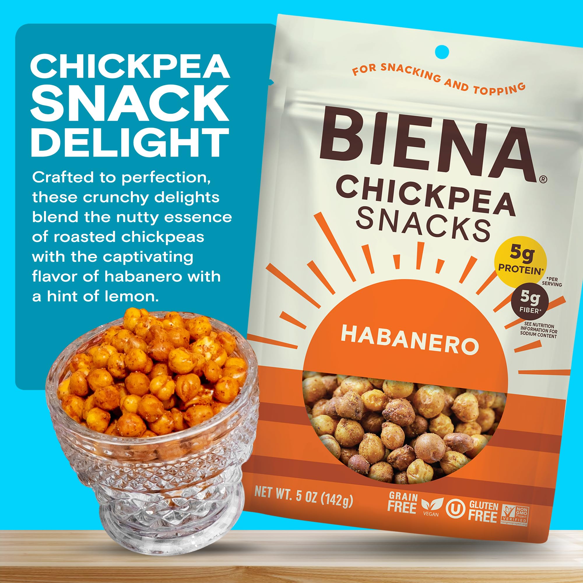 BIENA Crunchy Roasted Chickpea Snacks - High Fiber Vegan Protein Snacks for Adults & Kids - 8-Pack (5oz) - Habanero Flavor - Perfect for School Lunches, Office Snacks & Healthy On-the-Go Eating