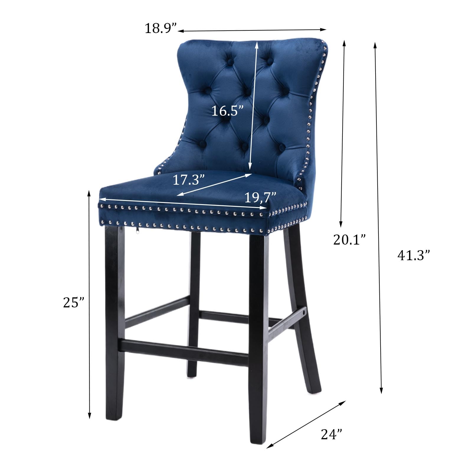 SoarFlash Modern Velvet Upholstered Bar Stools Set of 2 - Wood Legs, Button Tufted, Chrome Nailhead Trim, Armless Counter Height Stools for Kitchen Island, Breakfast Bar & Home Decor (Blue)